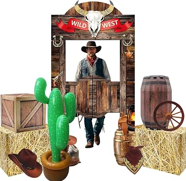 9 Pcs Western Cowboy Rodeo Party Decoration Kit Hay Bales Straw Boxes Inflatable Cactus Western Cowboy Backdrop Banner, Wagon Wheel for Birthday Wedding Theme Party Photo Props