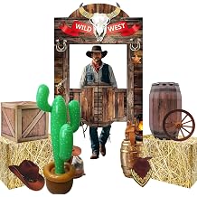 9 Pcs Western Cowboy Rodeo Party Decoration Kit Hay Bales Straw Boxes Inflatable Cactus Western Cowboy Backdrop Banner, Wagon Wheel for Birthday Wedding Theme Party Photo Props