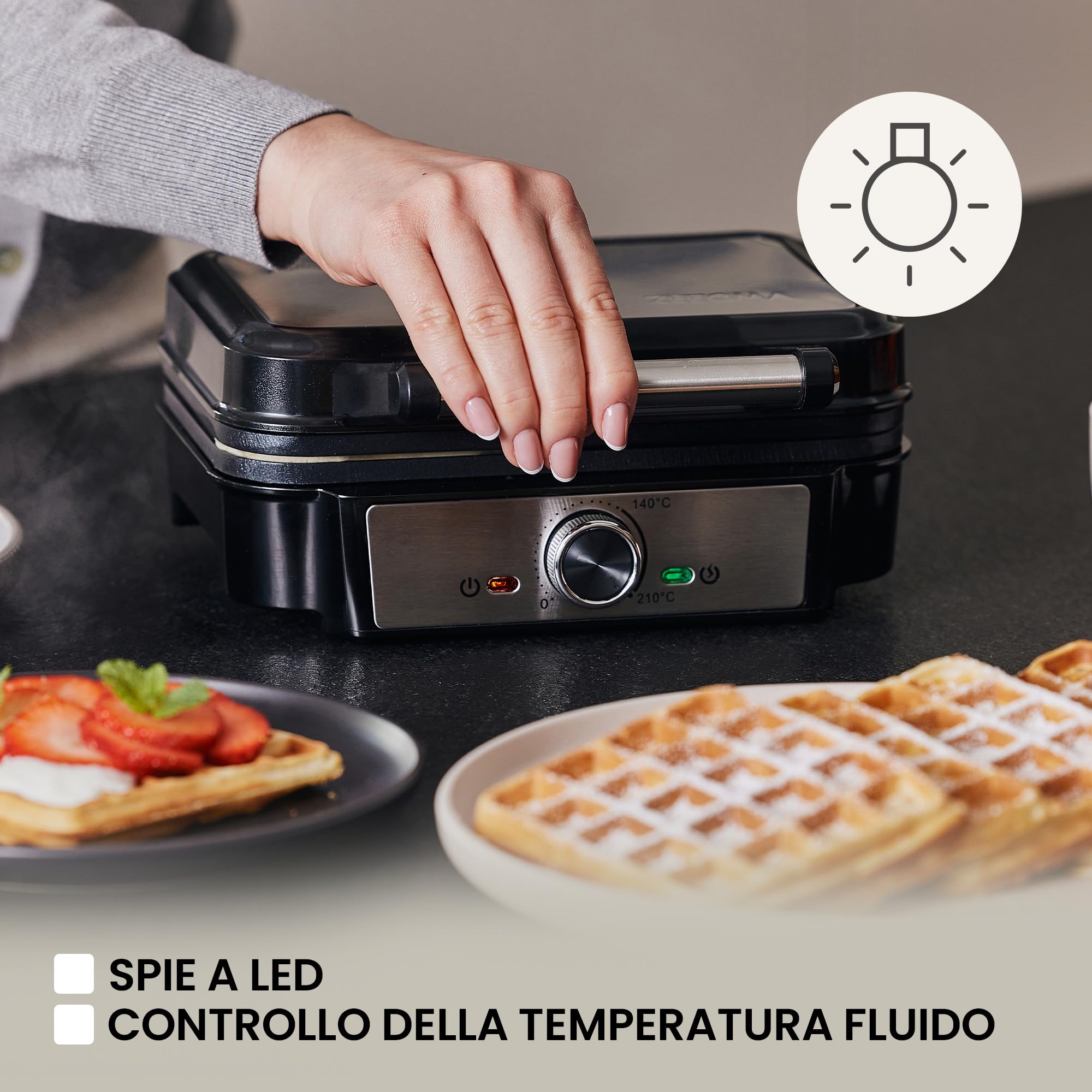 ZEEGMA GOFREE CHEF Macchina per Waffel Potenza Elevata 1200 W Per Waffel belgi, Doppio Rivestimento Antiaderente, Regolazione Temperatura, Spia Pronto all'Uso, Waffel Spessi Piastre profonde