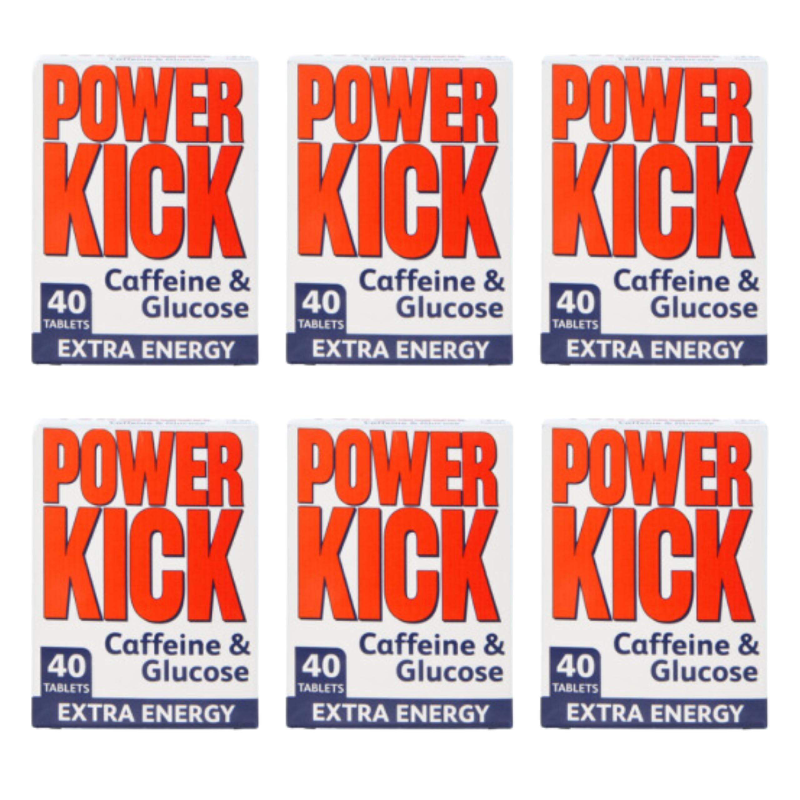Powerkick Caffeine & Glucose Supplements - 40 Tablets (6 Packs - 240 Tablets in Total)