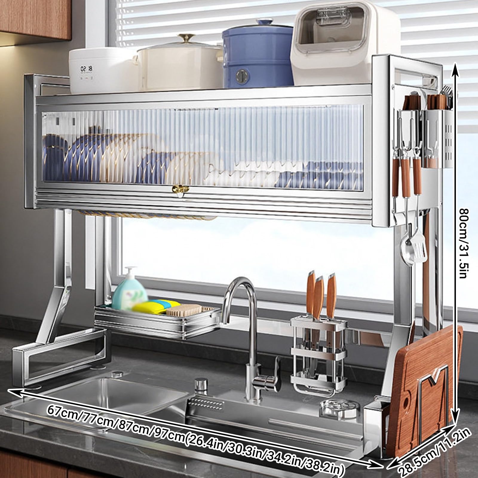 inless - Scolapiatti da lavello in acciaio – Nizer chiuso con anta dell'armadio, Lar Kitchen Sto per piatti, sils e ciotole (87 x 28,5 x 80 cm)