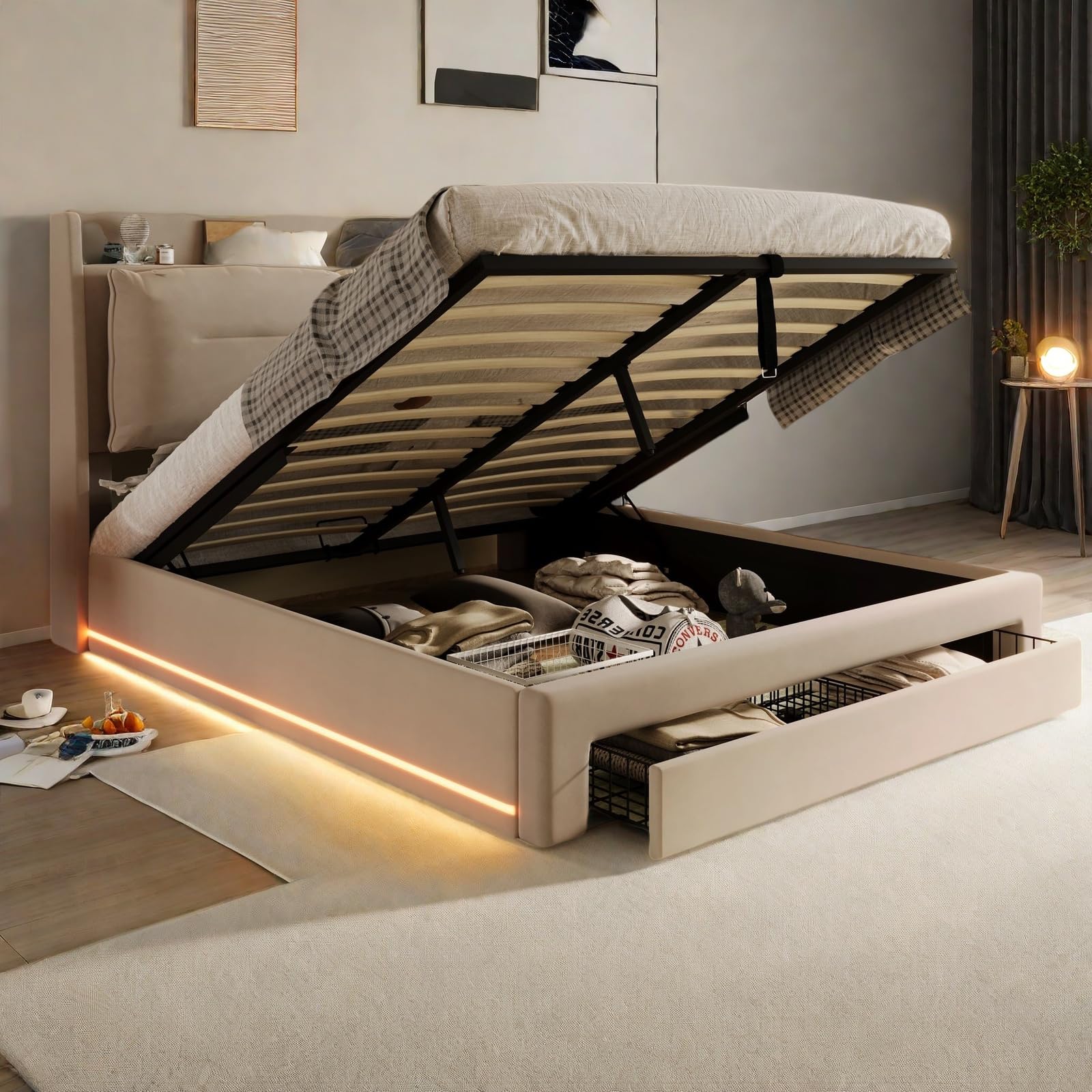 Letto 180x200 con LED e cassetti, letto imbottito 180 x 200 cm, con vano portaoggetti e testiera, letto matrimoniale con rete a doghe, letto giovanile idraulico in velluto, beige, senza materasso