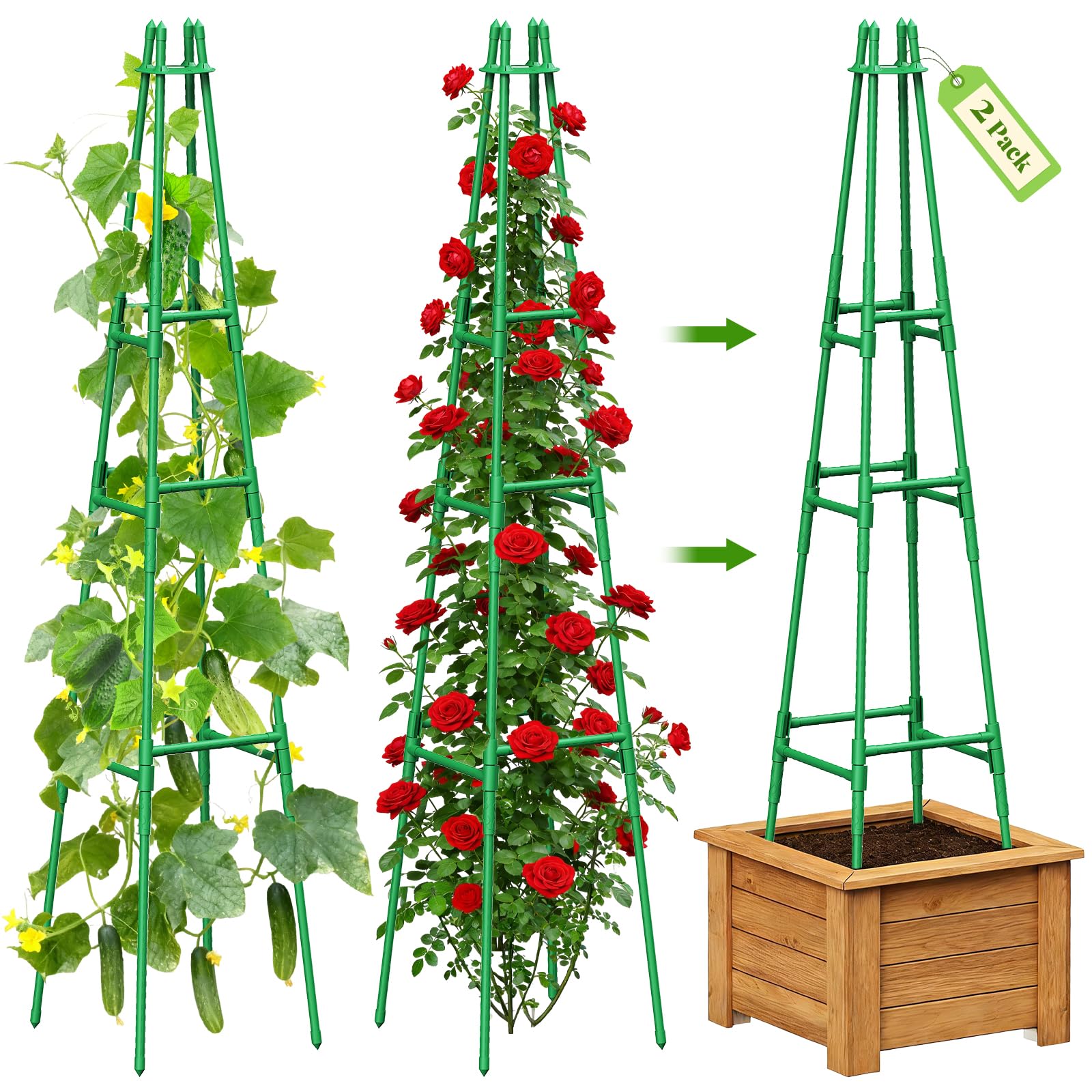 MQHUAYU 2 Pack Garden Obelisk Trellis, 162 cm Garden Trellis for Climbing Plants, Rustproof Metal Plant Trellis Supports for Roses, Clematis, Potted Vines, Cucumbers, Tomatoes, Indoor Outdoor Use