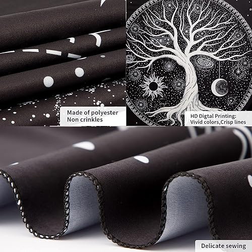 Miniatura 5 de Tapiz de pared blanco y negro, diseño de árbol de la vida, tapices estéticos trippy grandes hippie, sol, luna, espacio, talento, bosque, decoración