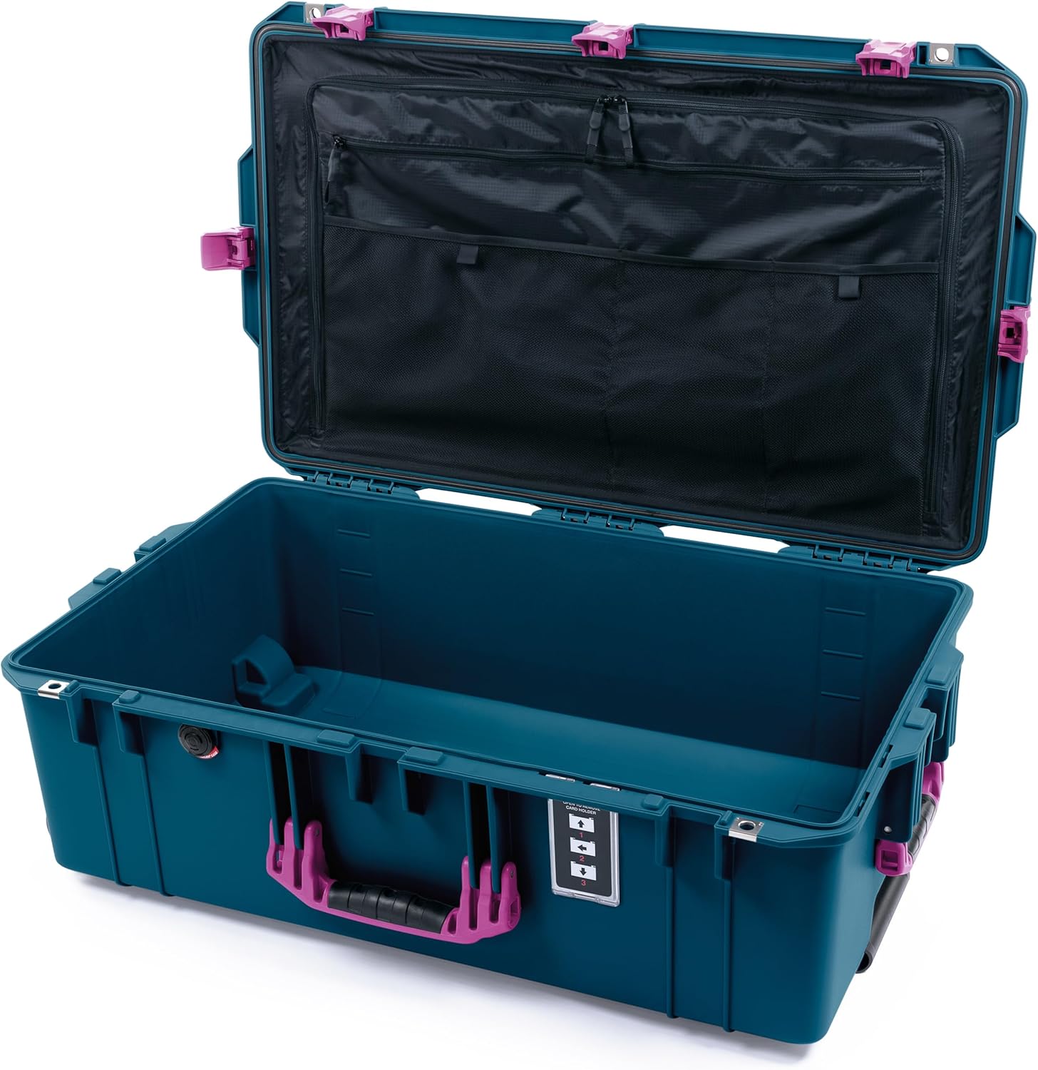 ColorCase Pelican 1595 Case Indigo - Large Sized Waterproof Case with Combo Pouch Lid Organizer- Magenta Handles & Latches