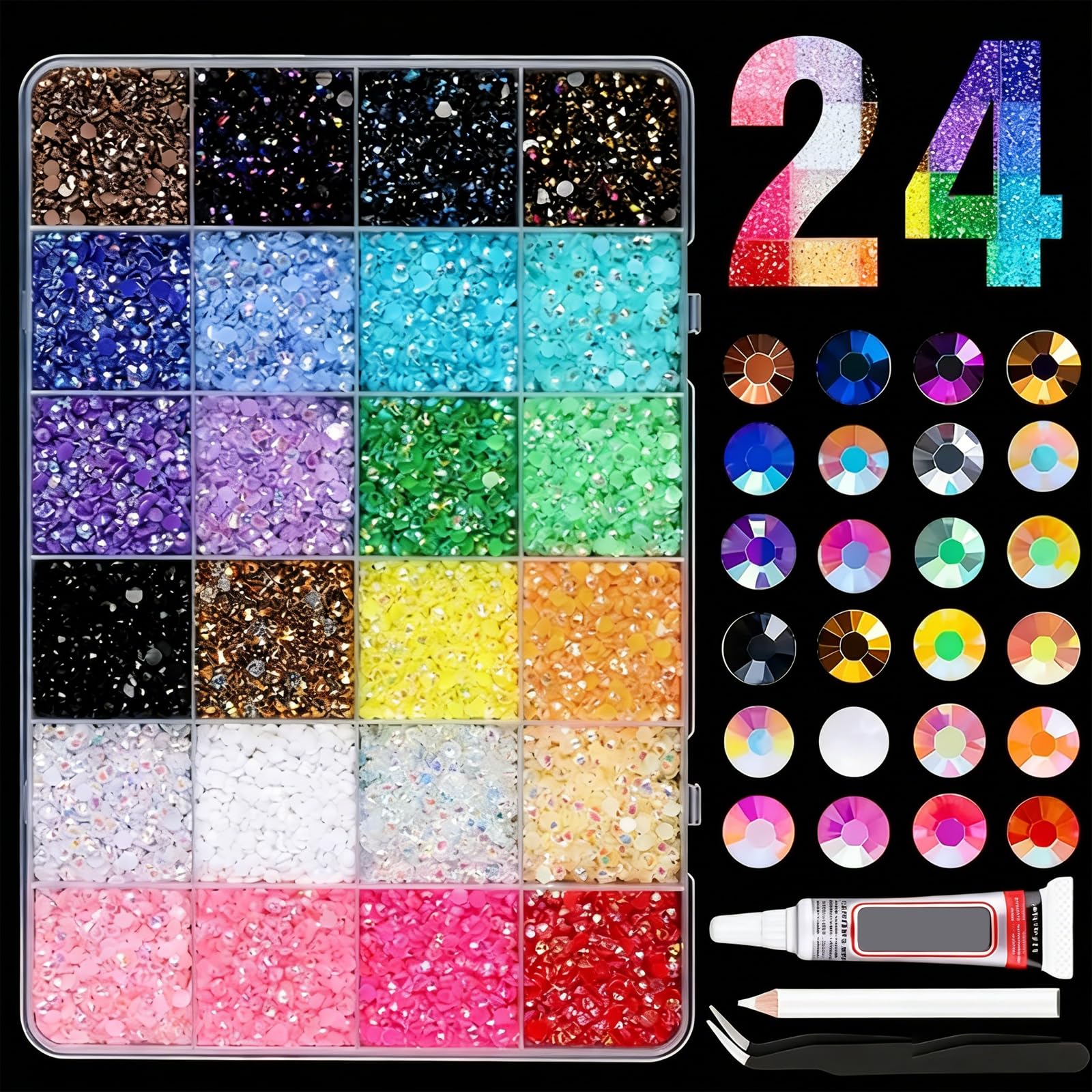 Bedazzling Lot de 20 000 pierres à paillettes, 24 couleurs, avec colle, pour ongles, breloques et travaux manuels, pierres à paillettes, pour bricolage, décoration DIY