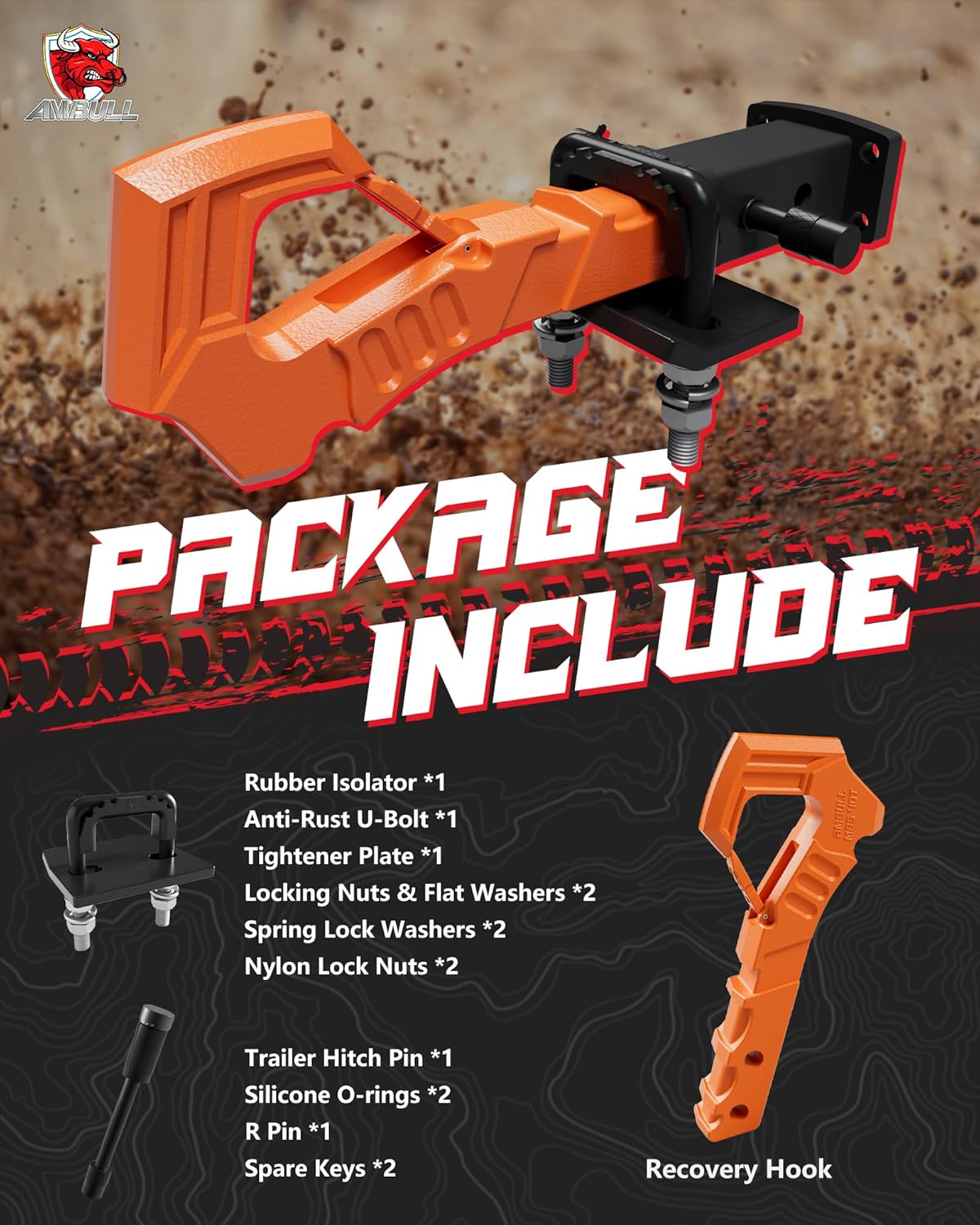 Tow Hitch Receiver Hook With Tightener, 2 Inch Truck Receiver, Drop Forged Steel Trailer Hitch 88000 Lbs Break Strength, Scorpion Tail Tow Hook for Trucks, Orange