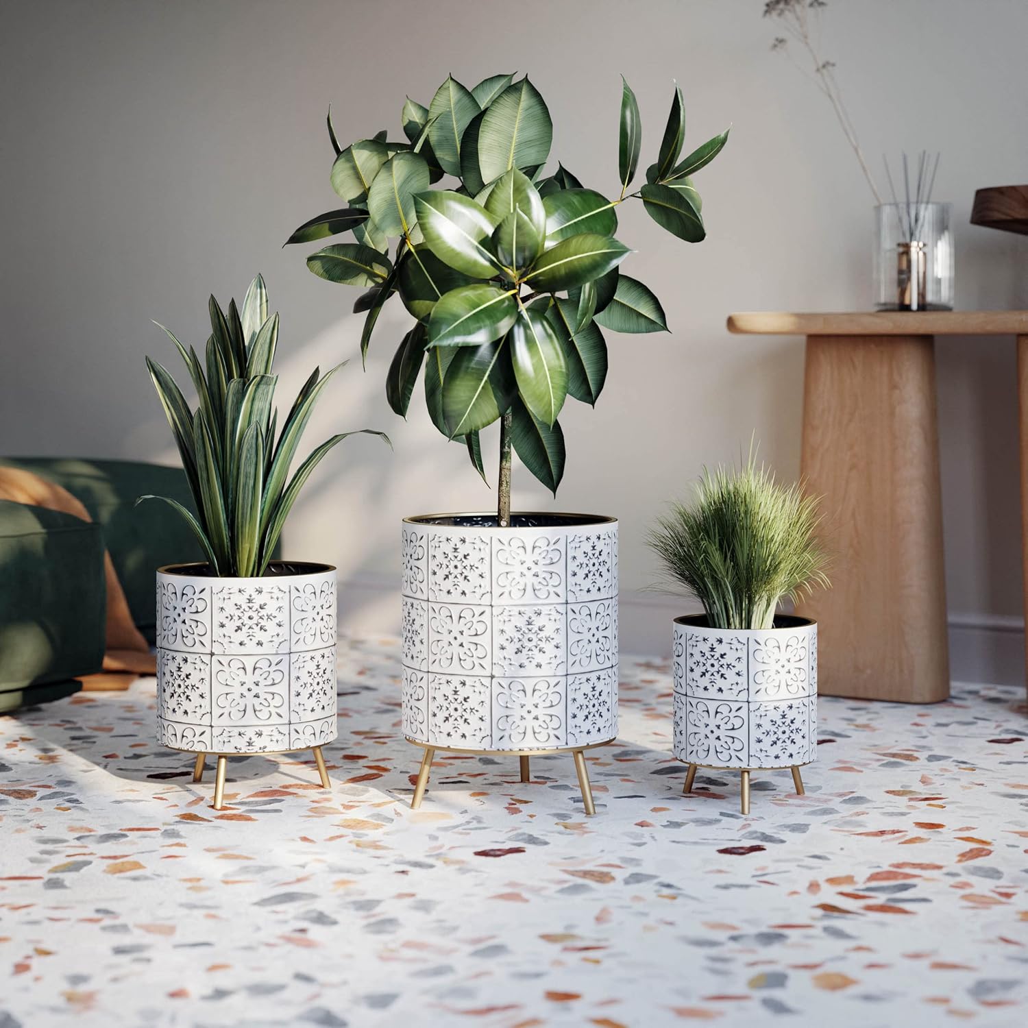 EverNest Tristan Neutral Minimal White and Black Modern Style Planter with Nyra Stand, SelectBase Plant Pots, Indoor Planter, Boho Home Decor, Minimalist Pot for Plants (Medium, Gold)