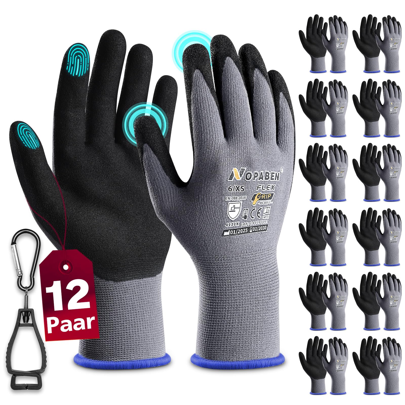 12 Paar Arbeitshandschuhe damen , mit Rutschfeste Nitril-Beschichtung Mechaniker Handschuhe, Montagehandschuhe mit optimaler Griffigkeit & feinem Tastgefühl, gartenhandschuhe herren , Größe 6/XS Baumarkt