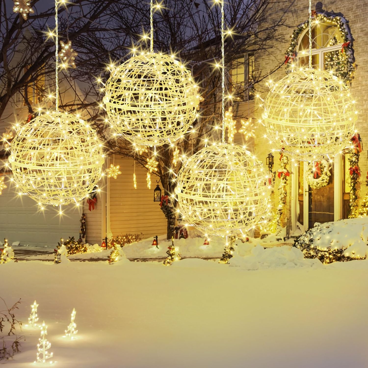 Outdoor Christmas Balls Lights Tree Lights Waterproof, 4 Pack 15.74" LED Hanging Globe Sphere Lights with 8 Lighting Modes Memory Timer Plug for Party Wedding Xmas Porch Patio Garden Yard Decorations Warm White 15.74 inch
