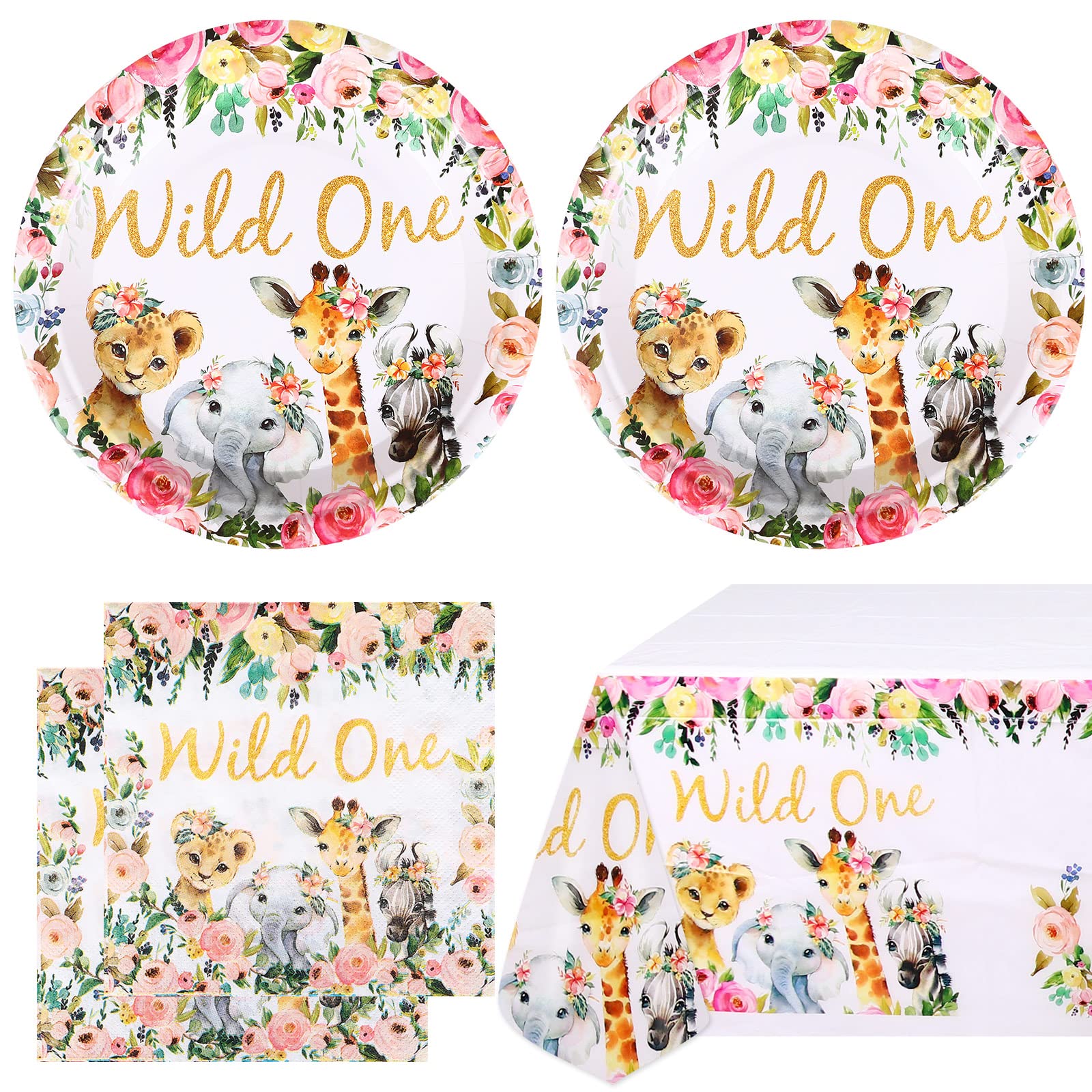 Amycute Wild One Birthday Party Tableware Decoration, Jungle Themed Safari Party Decoration Include Animal Dinner Plate Napkins Tablecloth Boys Girls 1st Birthday Decorations 20 Guests (style2)