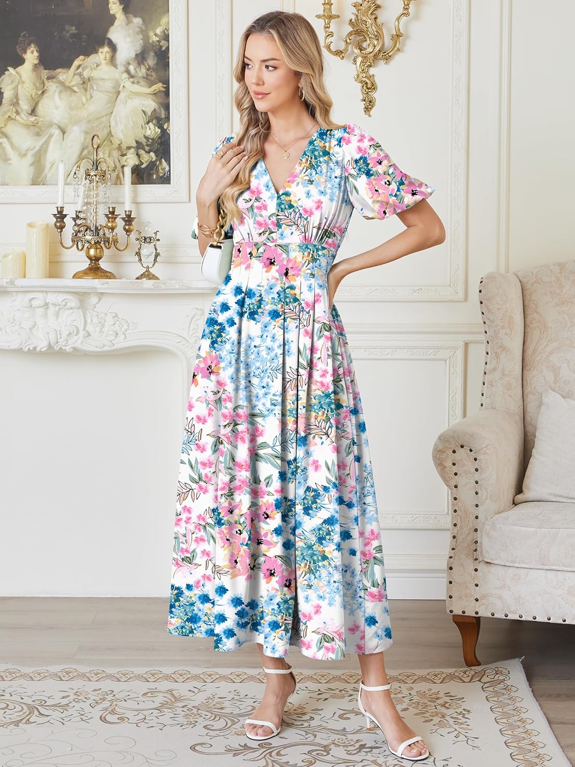 Caracilia Womens Short Puff Sleeve Maxi Dress Boho Floral A Line V Neck Spring Summer Formal Wedding Guest Party Long Dresses