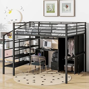 Bellemave Full Size Loft Bed with Desk and Stairs, Metal Loft Bed with Storage Wardrobe and Shelves, Heavy-Duty High Loft Bed with Drawers Cabinet for Kids Teens Adults, Black
