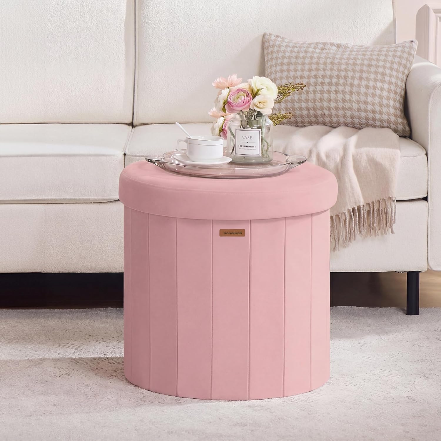 SONGMICS Mazie Collection - Round Storage Ottoman, Folding Footrest Stool with Removable Lid, Easy Assembly, Velvet Vanity Stool for Bedroom, Living Room, Entryway, Jelly Pink ULSF608R01