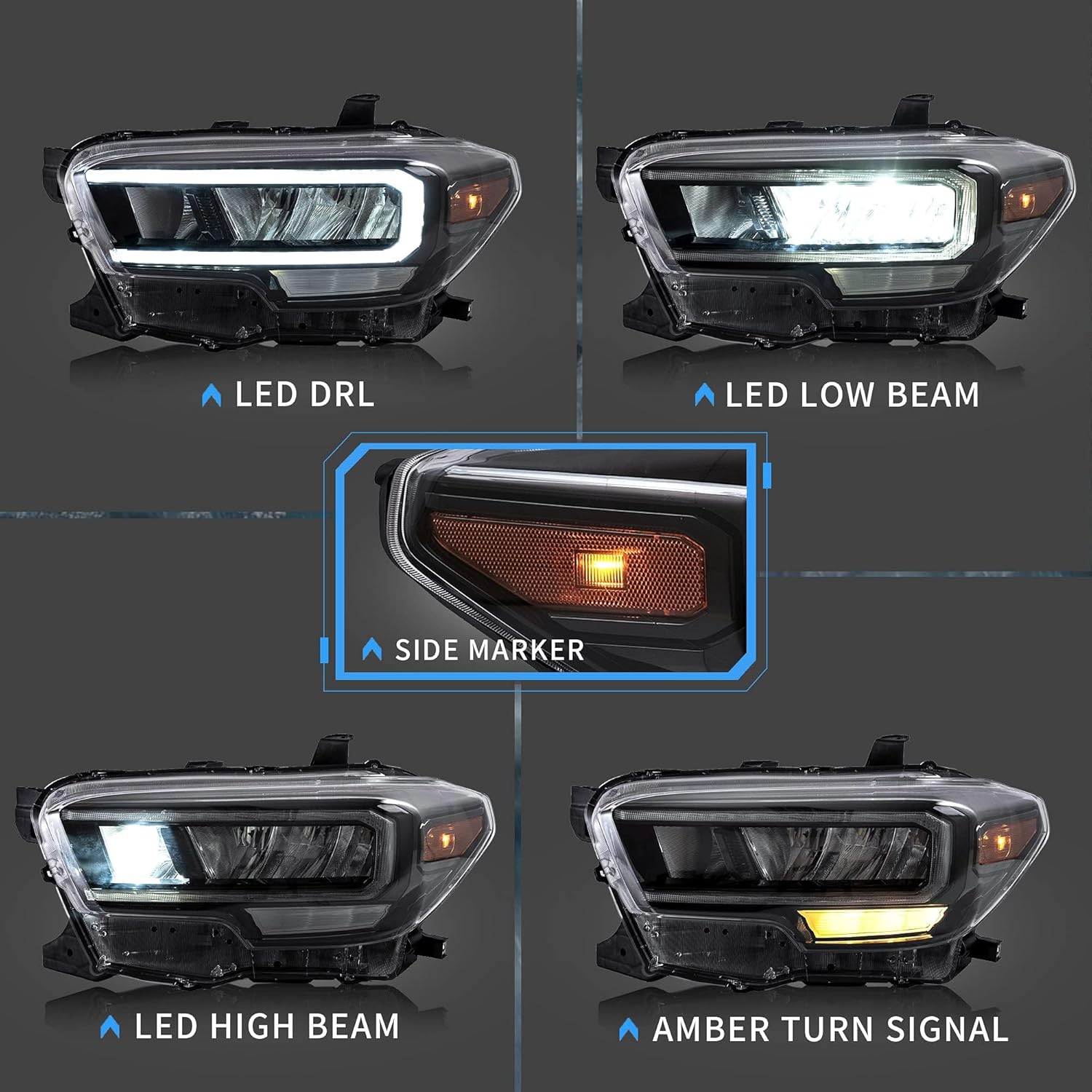 VLAND LED Headlights Compatible with Tacoma 3rd Gen N300 Pickup Truck 2016-2023 w/LED DRL w/Reflective Bowl Amber Reflector Front Lamp Set, No Need Extra Bulbs