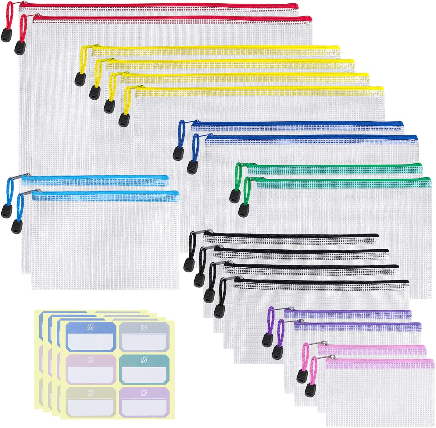 Homeweeks Mesh Zipper Pouch - Waterproof Document Clear Bags - Plastic Zip Pouches File Folders Pencil Pouch Multiple Size for Office School Supplies Cosmetics Travel Storage Organizer 20 Pack 8 Color : Office Products