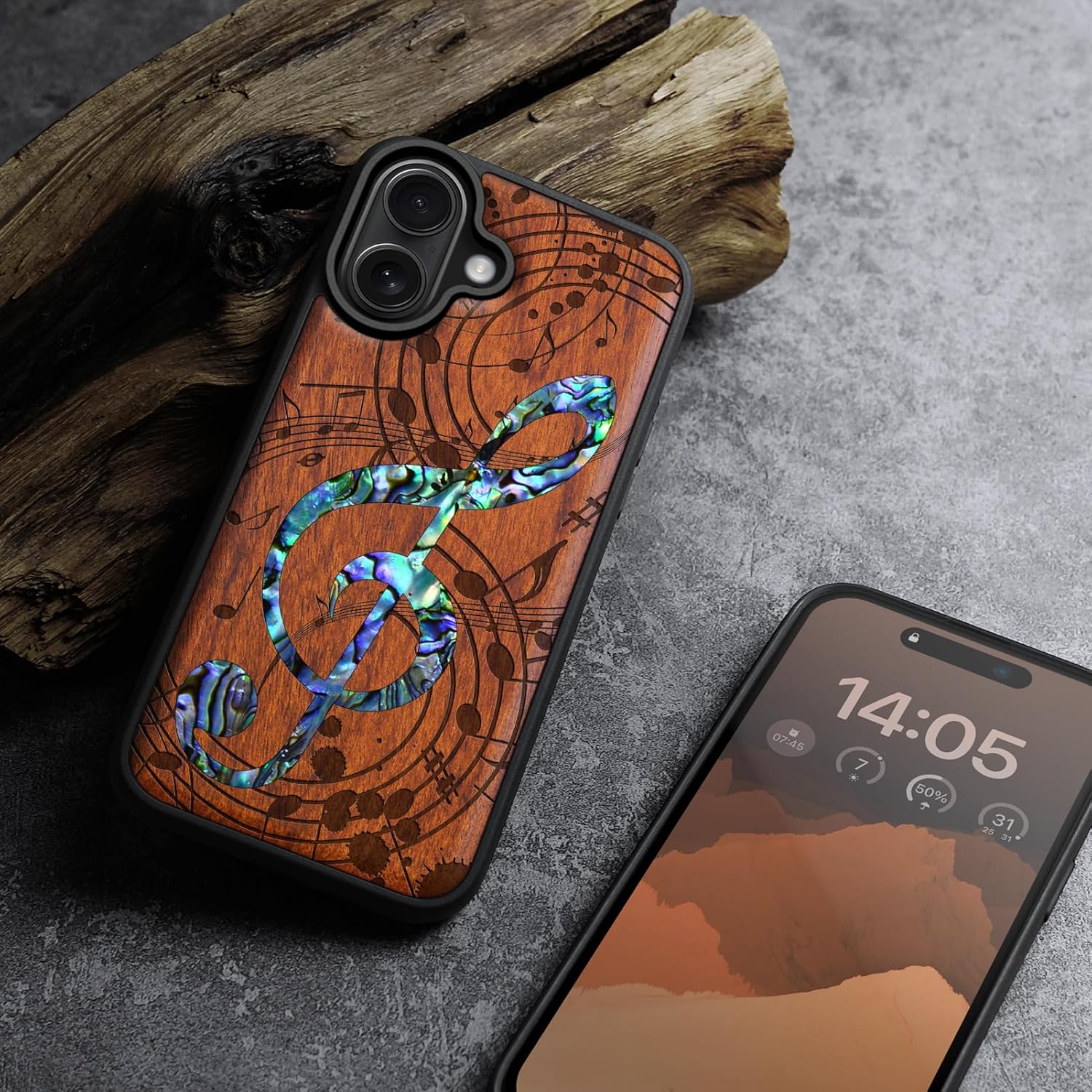 Carveit Magnetic Case for iPhone 16 Plus Case, Wood Artisan Engraved & Handmade Shell Inlaid, TPU Shockproof Cover, Compatible with MagSafe Wireless Chargers (Musical Note) Rosy