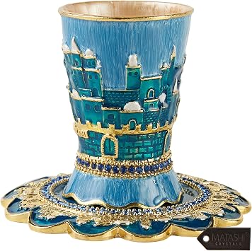 Matashi Hand-Painted Enamel 3.3 Tall Kiddush Cup Set with Tray with Crystals and Jerusalem Cityscape Design for Weddings Shabbat Havdalah Passover Goblet Judaica Gift Home Decor Blessings Cup