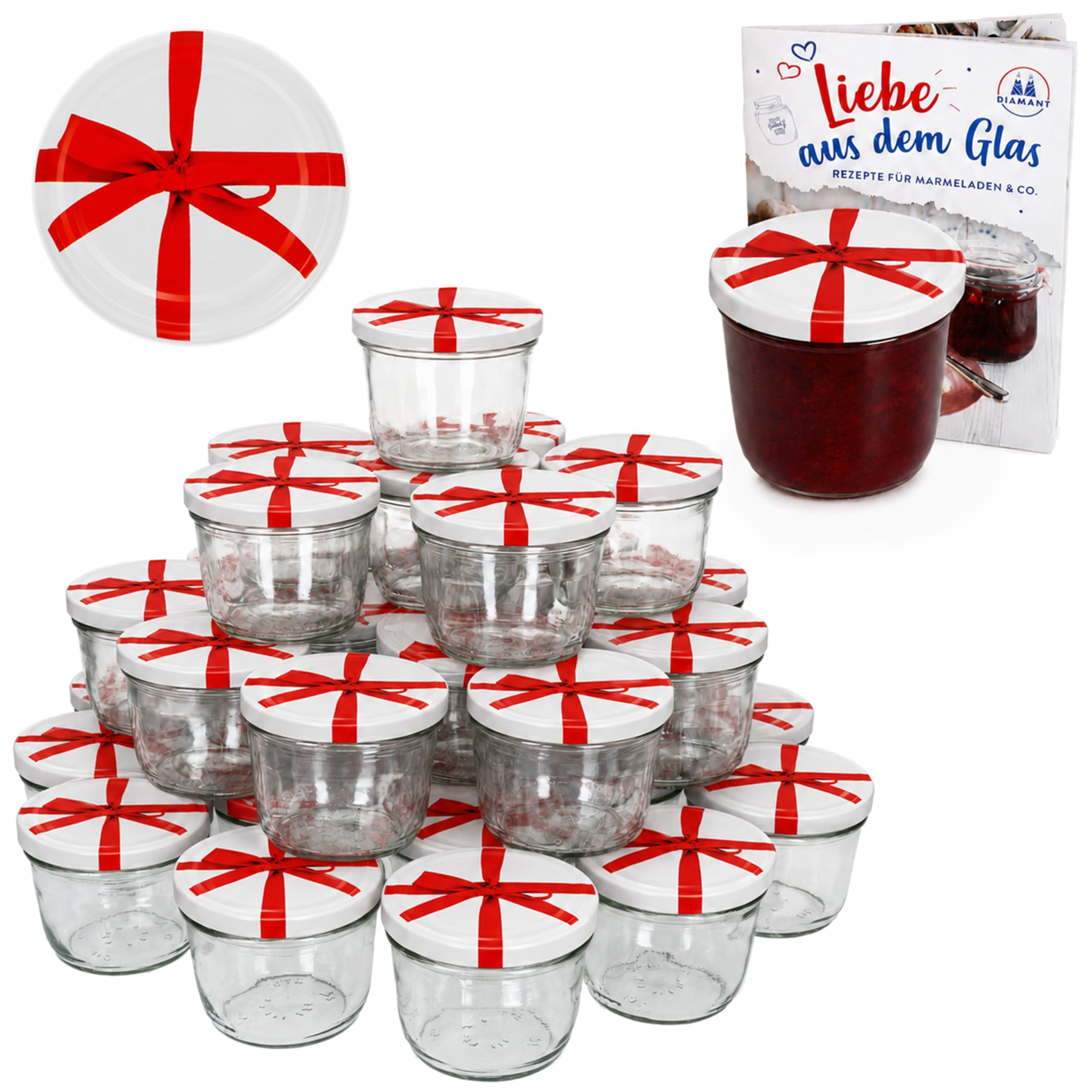 MamboCat 100er Set Sturzglas 230 ml To 82 weißer Deckel mit Schleifendekor incl. Diamant Gelierzauber Rezeptheft Marmeladenglas Einmachglas Einweckglas