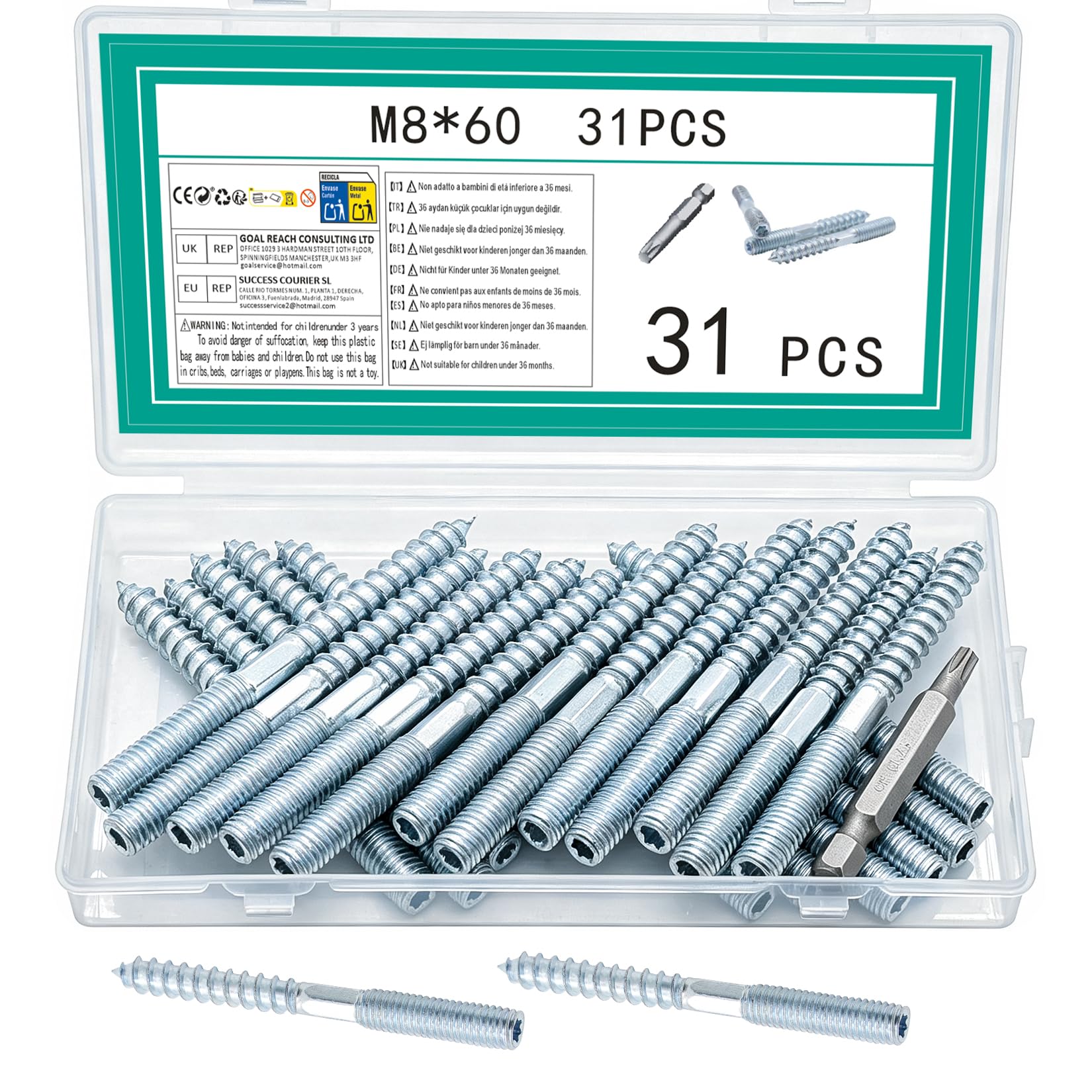 YINKUOSSAA 31 Pcs M8 Torx Hanger Bolts, Double Ended Screws Wood to Woods, Double Ended Threaded Screws, Metal Threaded Lag Wood Screw and Machine Bolts for Woods Joint Furniture Legs (M8x60mm)
