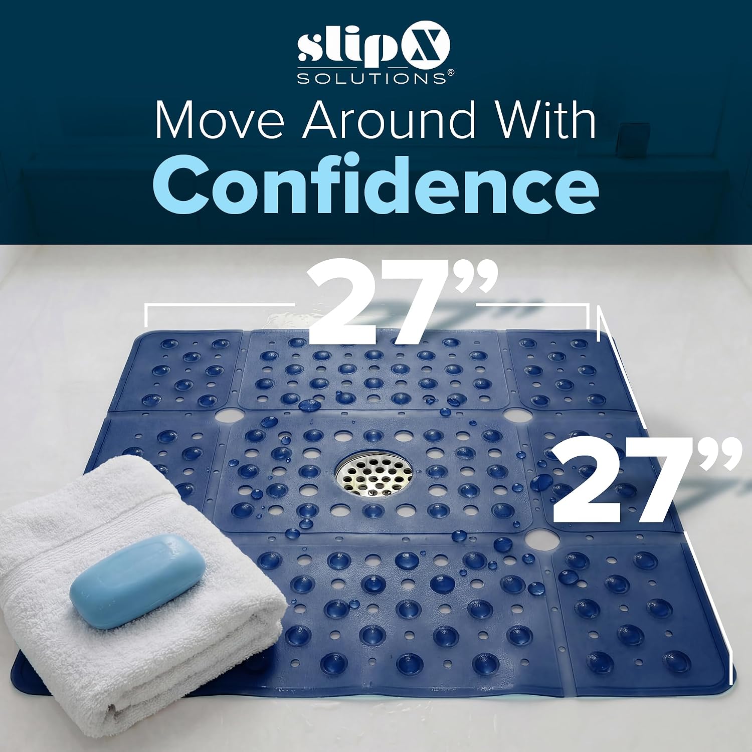 SlipX Solutions 27"x27" Oversize Non Slip Shower Mat, Navy