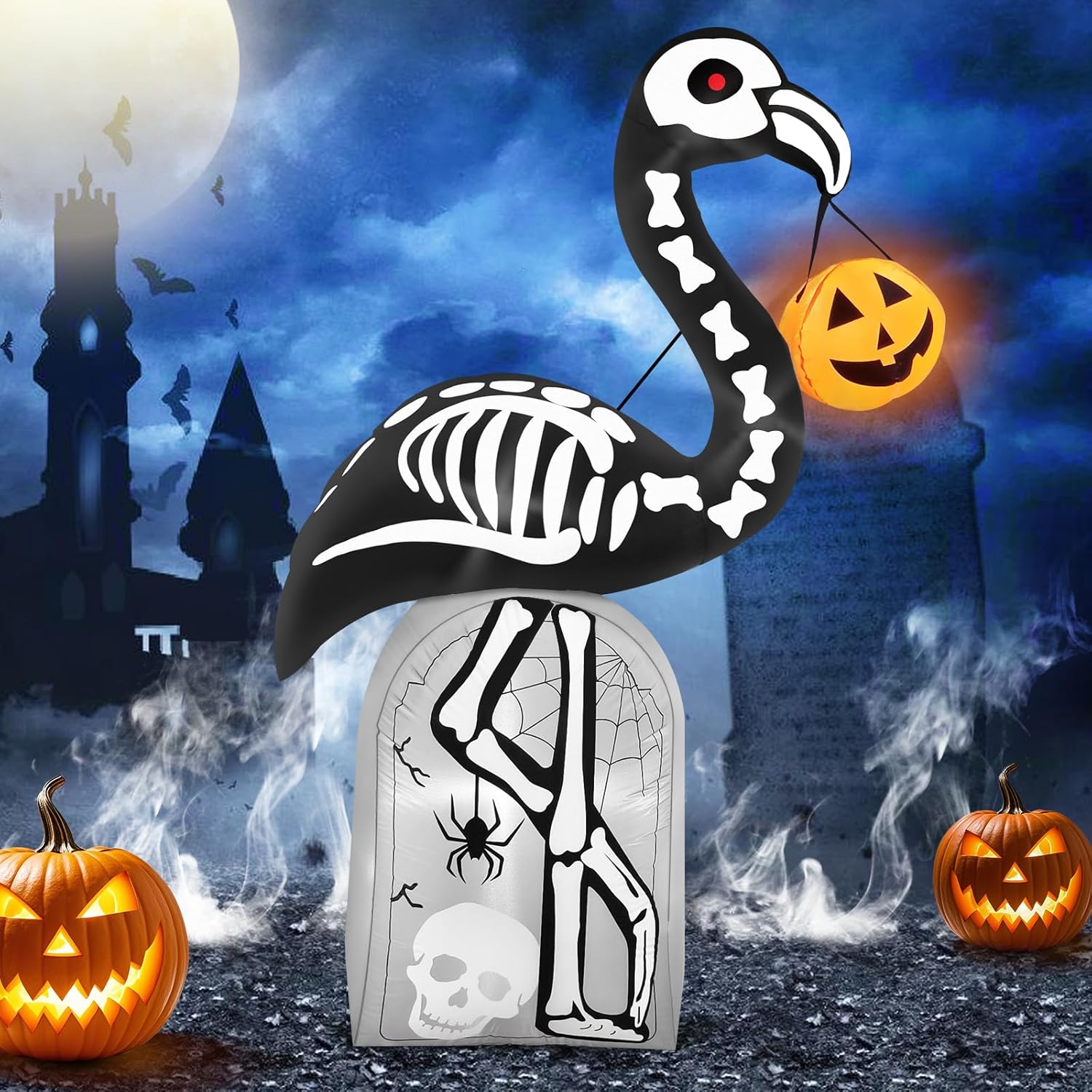 6FT Tall Halloween Inflatables Flamingo Skeleton Tombstone Outdoor Decoration, Halloween Blow Up Flamingo Skeleton Inflatables Built-in 4 Bright LEDs for Halloween Outdoor, Lawn, Garden Decor