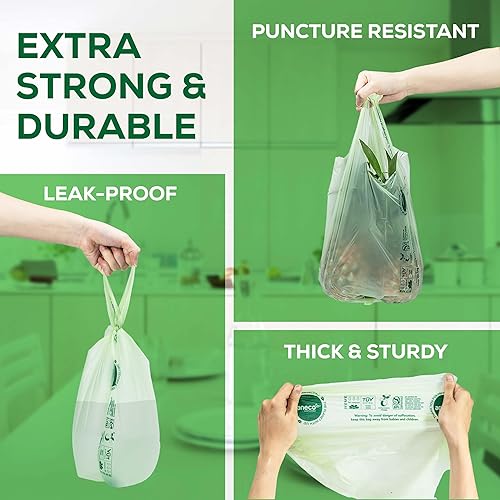 Miniatura 4 de ANECO Bolsas de basura de alimentos 100% compostables de 2.6 galones con asas, pequeñas bolsas de abono para contenedor de encimera, OK compostable