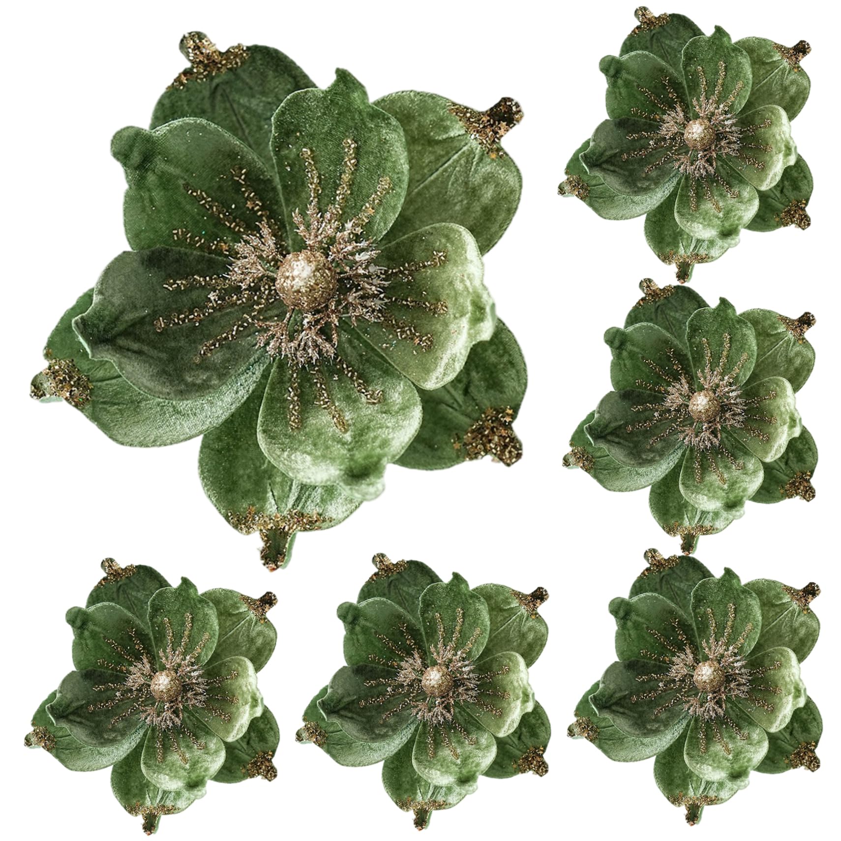 Ngbbby Green Christmas Flowers, 6Pcs Magnolia Flowers For Christmas Tree, Glitter Xmas Magnolia, Artificial Tree Decorations 9.5",