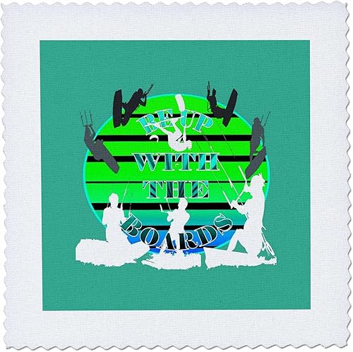 3dRose Be Up With The Boards Kitesurf White Silhouette Aquai Text - Quilt Squares (qs_356854_2)