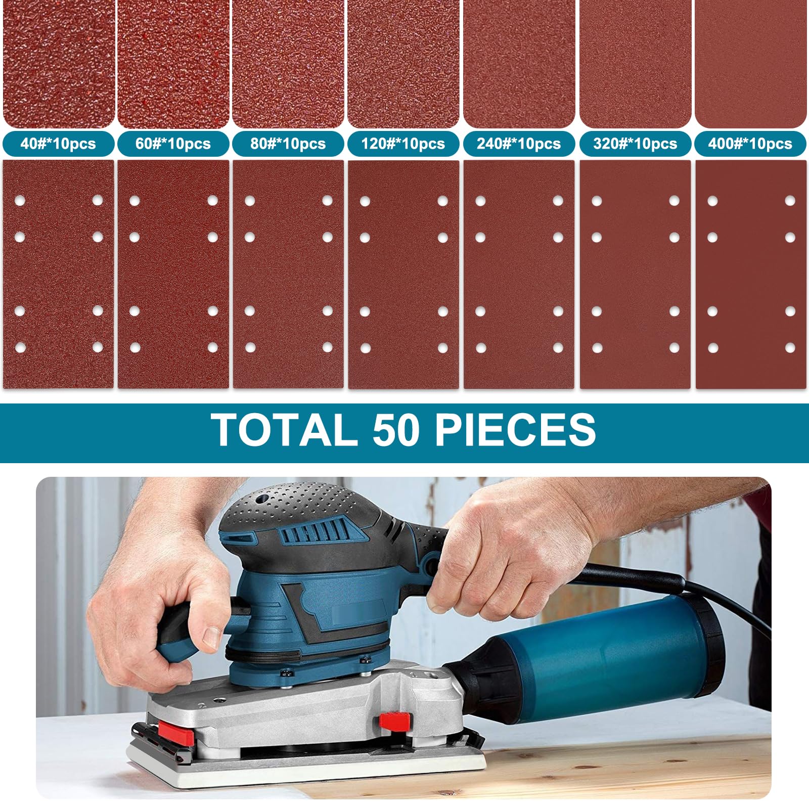 Juego De 50 Lijas Para Lijadora Orbital | Granos 40, 60, 80, 120, 240 | Tamaño 80x133 Mm Con 8 Agujeros | Compatible Con Lijadoras Rectangulares
