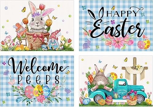 Miniatura 1 de Hexagram Juego de 4 manteles individuales de Pascua diseño de conejito a cuadros azules decoración de cocina tapetes rústicos de Pascua para