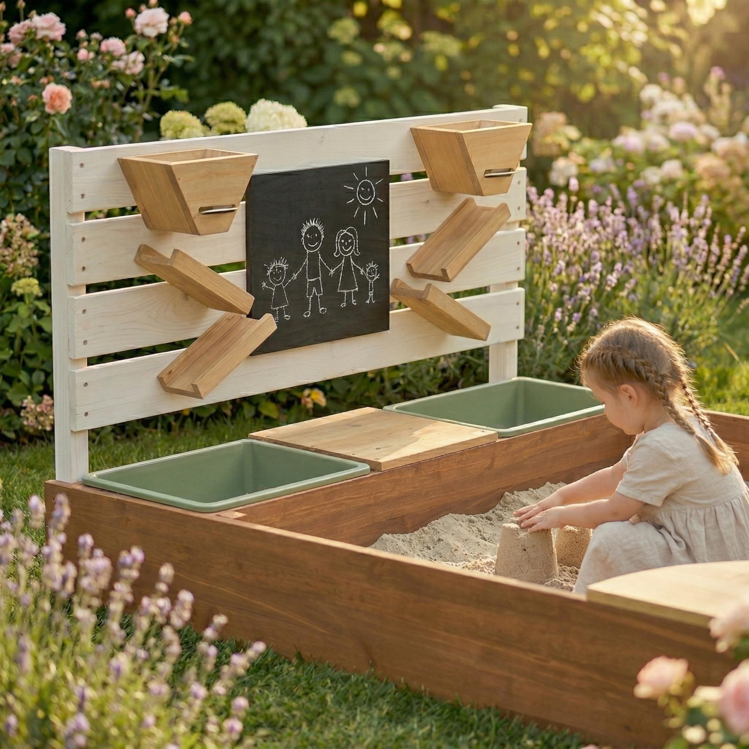 AXI Cato Sandkasten aus Holz mit Behältern für z.B Wasser, Stauraum, Kreidetafel & Spielwand - Beige und Braun | Sandkasten inklusive Trichter | Mit Plane & Bodentuch | 105x100x58,5 cm