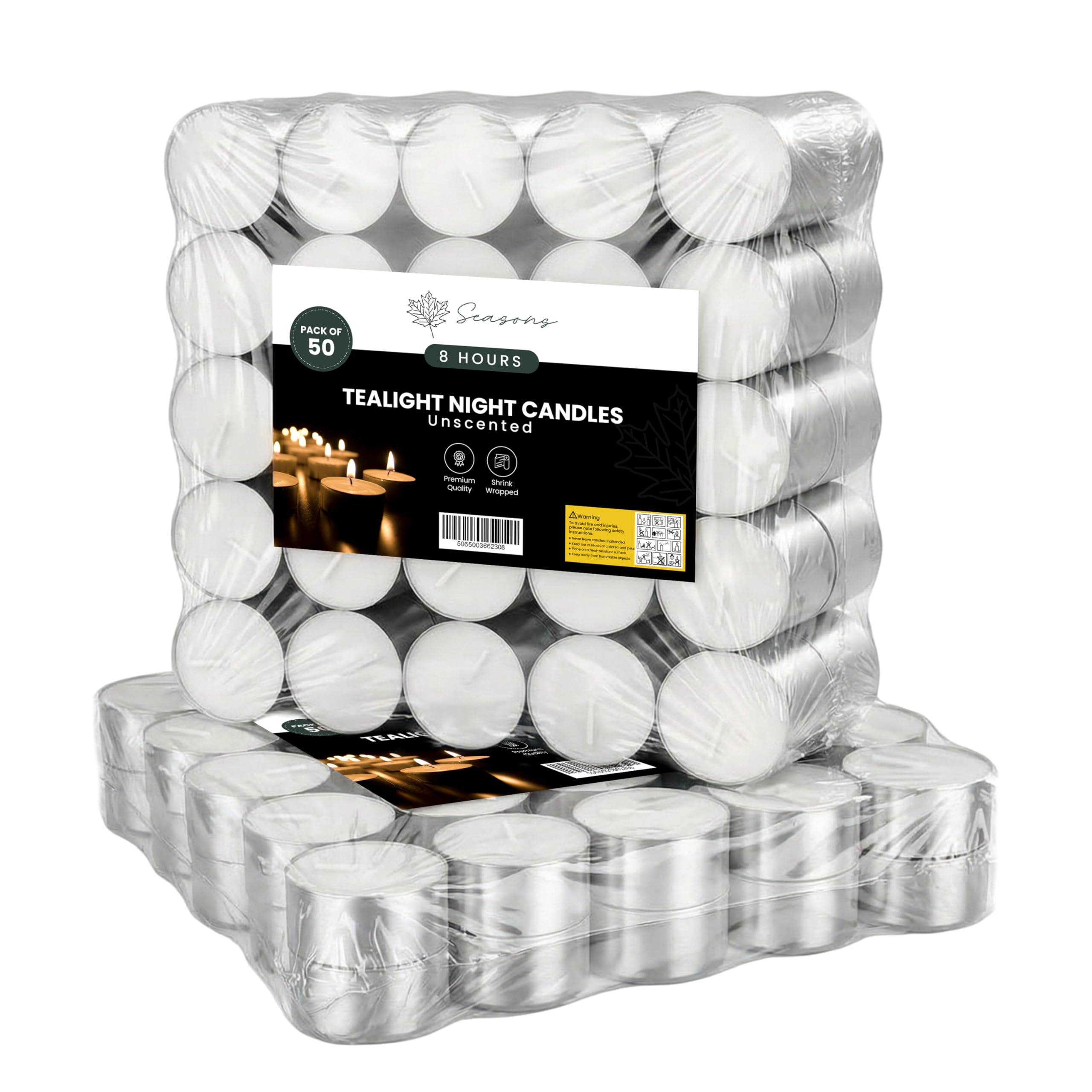 Seasons White 8 Hours Burn Time Tea Light Candles Pack Of 100 Wax Unscented Ideal For Garden, Hotel & Home Decoration | 8 Hour Tealights