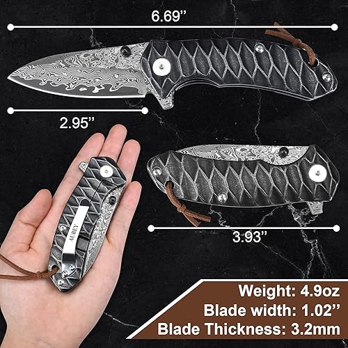 Miniatura 5 de AUBEY Cuchillo de bolsillo de Damasco para hombre, cuchillo plegable de acero de Damasco VG10 forjado de 2.95 pulgadas con funda, hoja de gota de