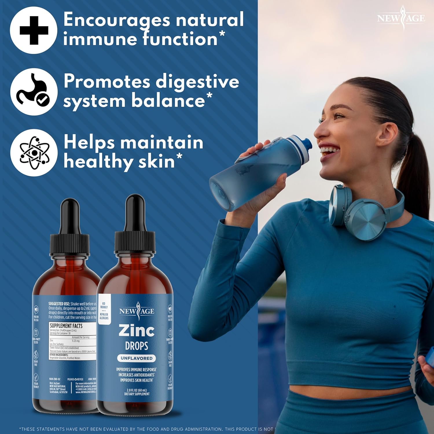 Liquid Zinc Drops for All Ages by NEW AGE - Zinc Sulfate for Immune Support, Vegan, Non-GMO & Gluten Free, 60 Day Supply, 2-Pack