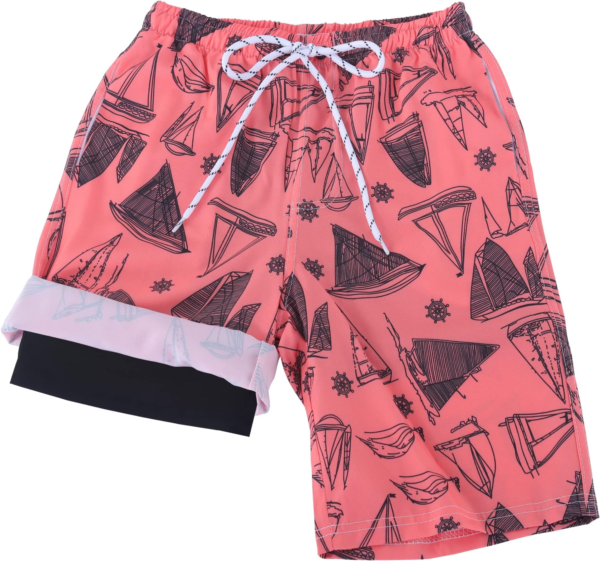TCHH-DayUp Boys Swim Trunks with Boxer Brief Liner Compression Swimming Beach Board Shorts Quick Dry Orange Sailboat Swimwear Size 10-12 Years