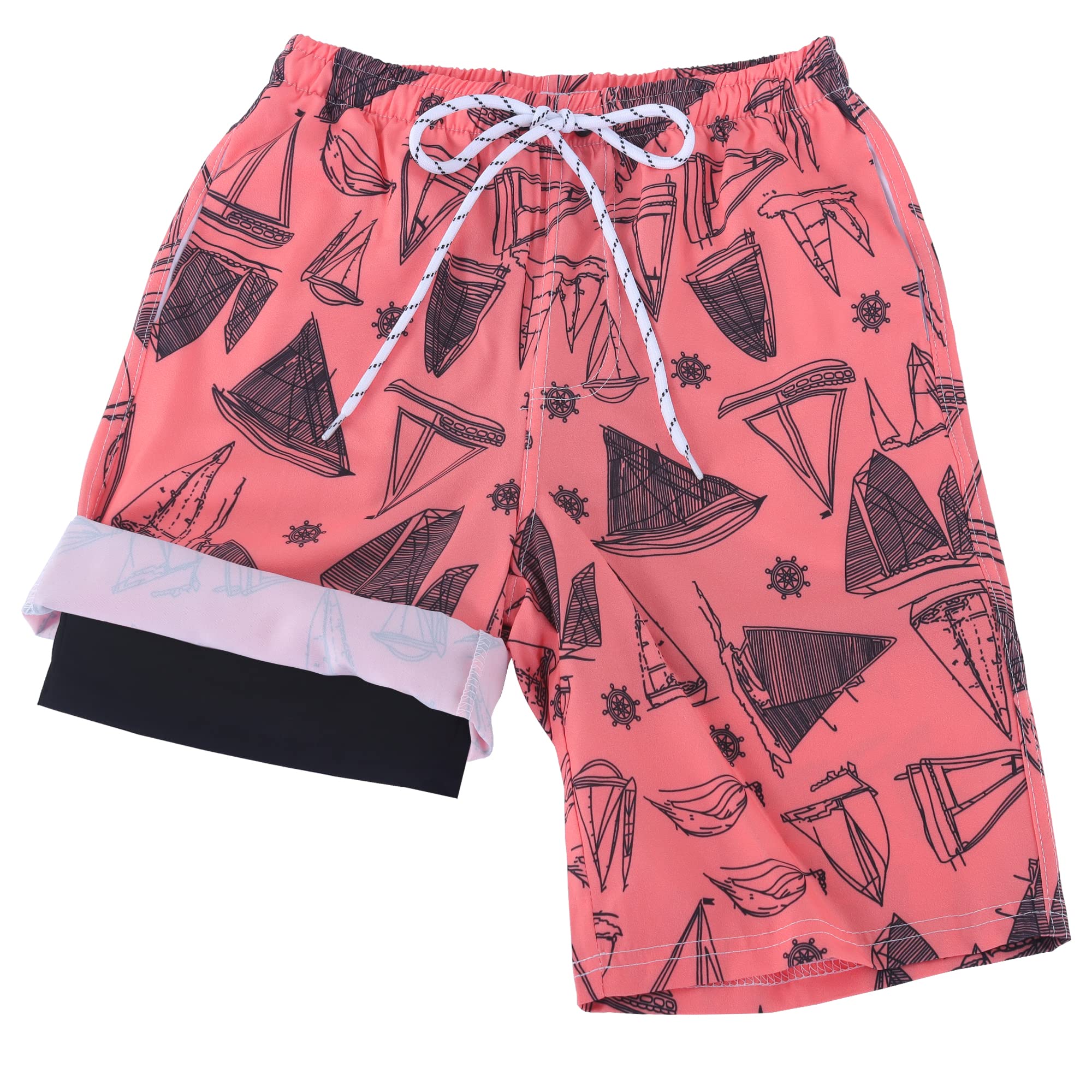 TCHH-DayUp Boys Swim Trunks with Boxer Brief Liner Compression Swimming Beach Board Shorts Quick Dry Orange Sailboat Swimwear Size 10-12 Years