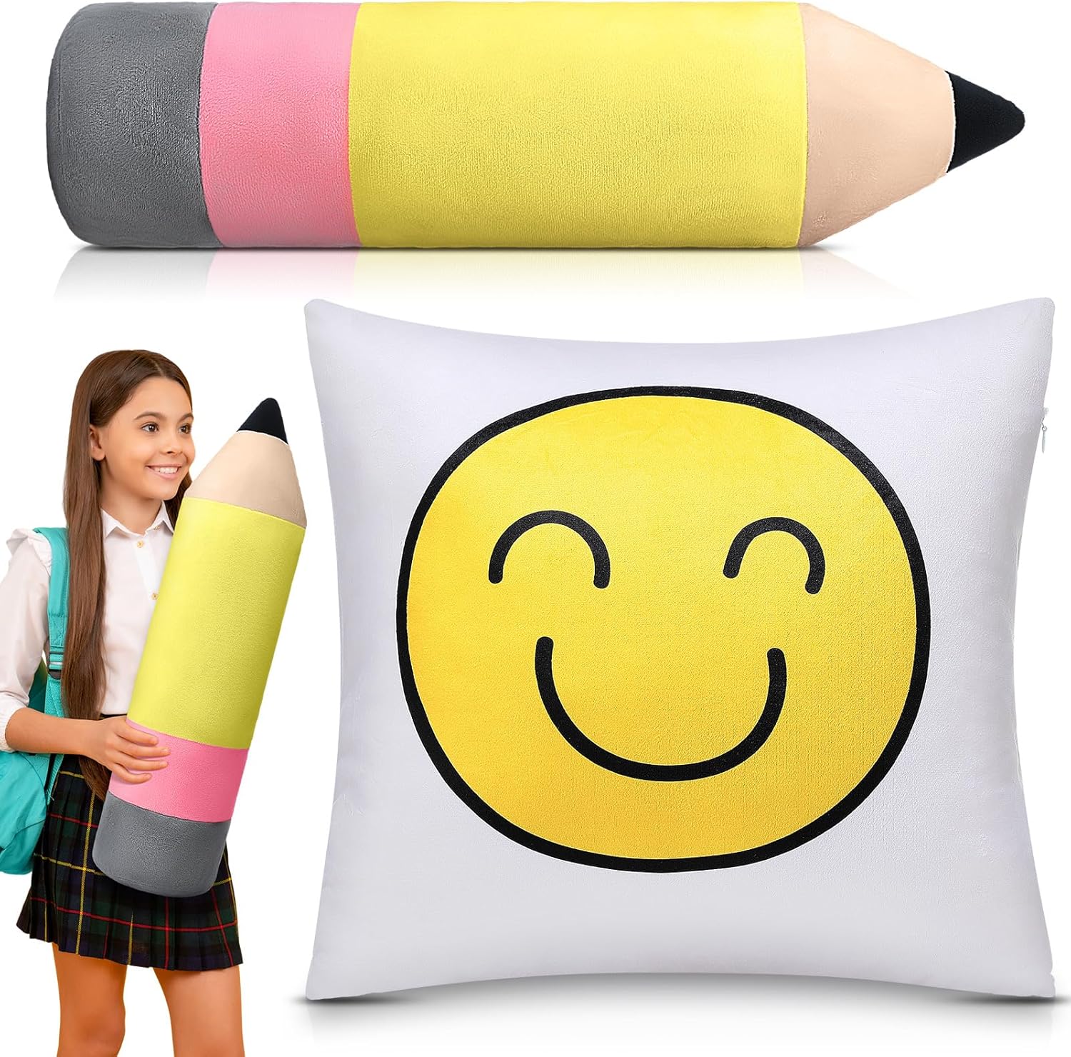Beeveer 2 Pcs Large Pencil Pillow and Smiling Face Cushion Cute Classroom Pillows Welcome Back School Cushion Cute Pencil Plush Decor for School Classroom Reading Corner Plush Decoration Teacher Gift