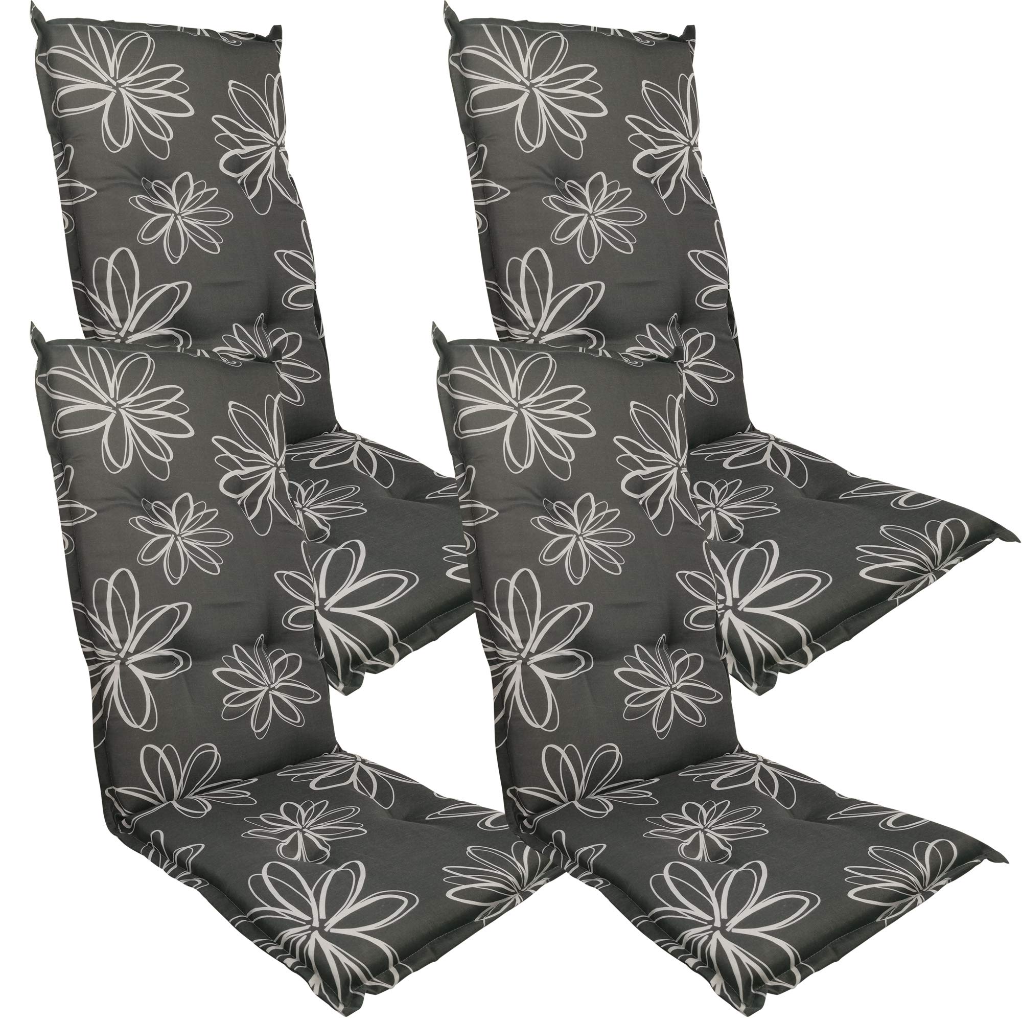 DILUMA Hochlehner Auflage Naxos für Gartenstühle 4er Set 118x49 cm Blume Schwarz - 6 cm Starke Premium Stuhlauflage mit Komfortschaumkern - Sitzauflage Made in EU