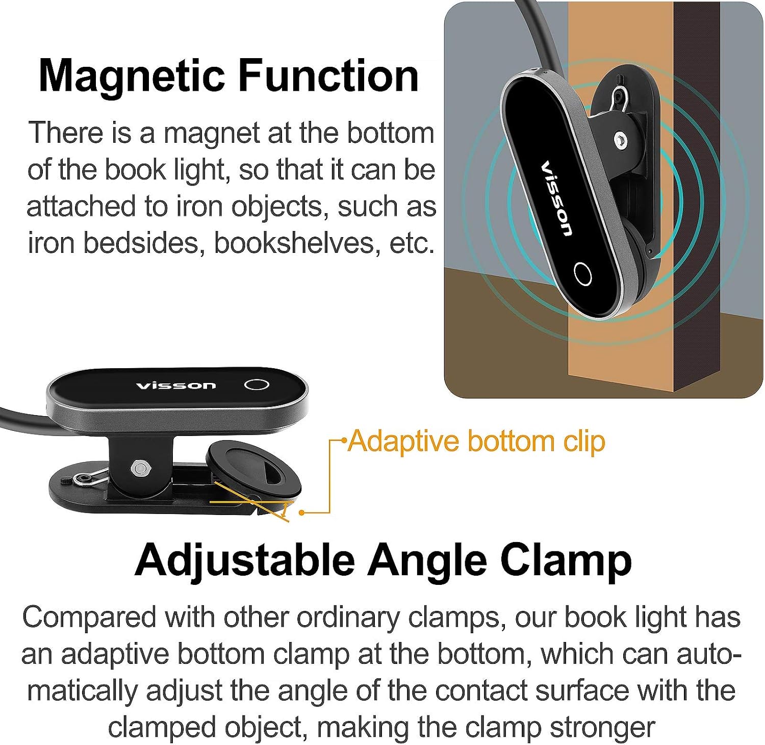 Visson Stepless Dimming Book Light,12 LED Reading Lights for Books in Bed,3 Color Temperature,Rechargeable Clip-on Light with Magnetic Function.Perfect for Bookworms,Kids