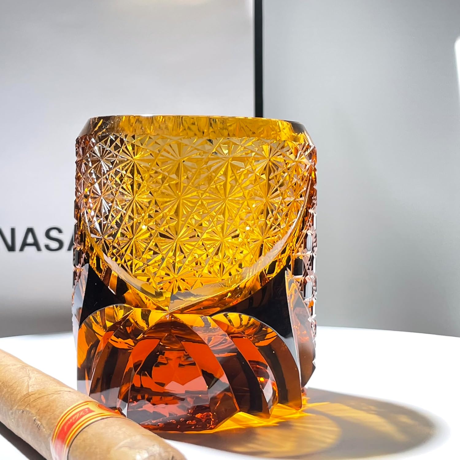 suigetsu Japanese Crystal Whiskey Glass, Cut Crystal Pattern, Luxury Cocktail Glassware (Amber) - Image 3