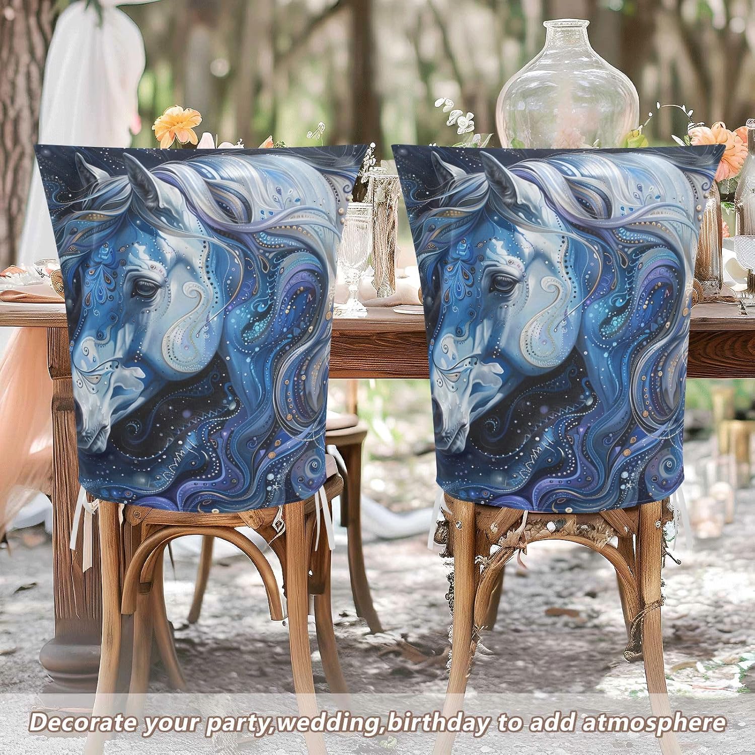 ALAZA Beautiful Blue Horse Chair Back Cover Set of 6, Washable Reusable Removable Chair Slipcovers Decorative Chair Cover for Home Kitchen Wedding Party
