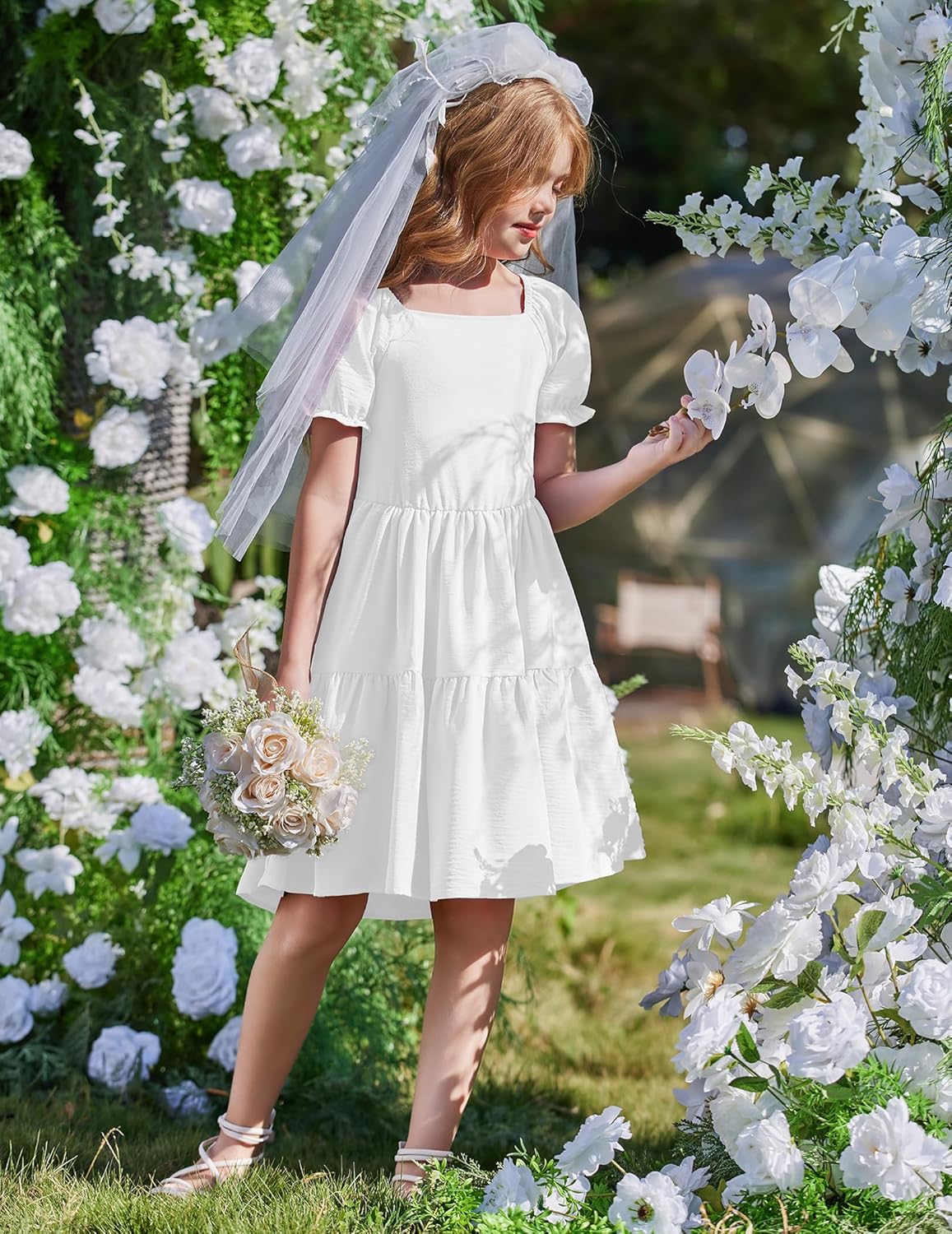 Arshiner Girls Summer Dress Tie Back Short Sleeve Square Neck Tiered Midi Casual Dresses with Pockets - Image 3