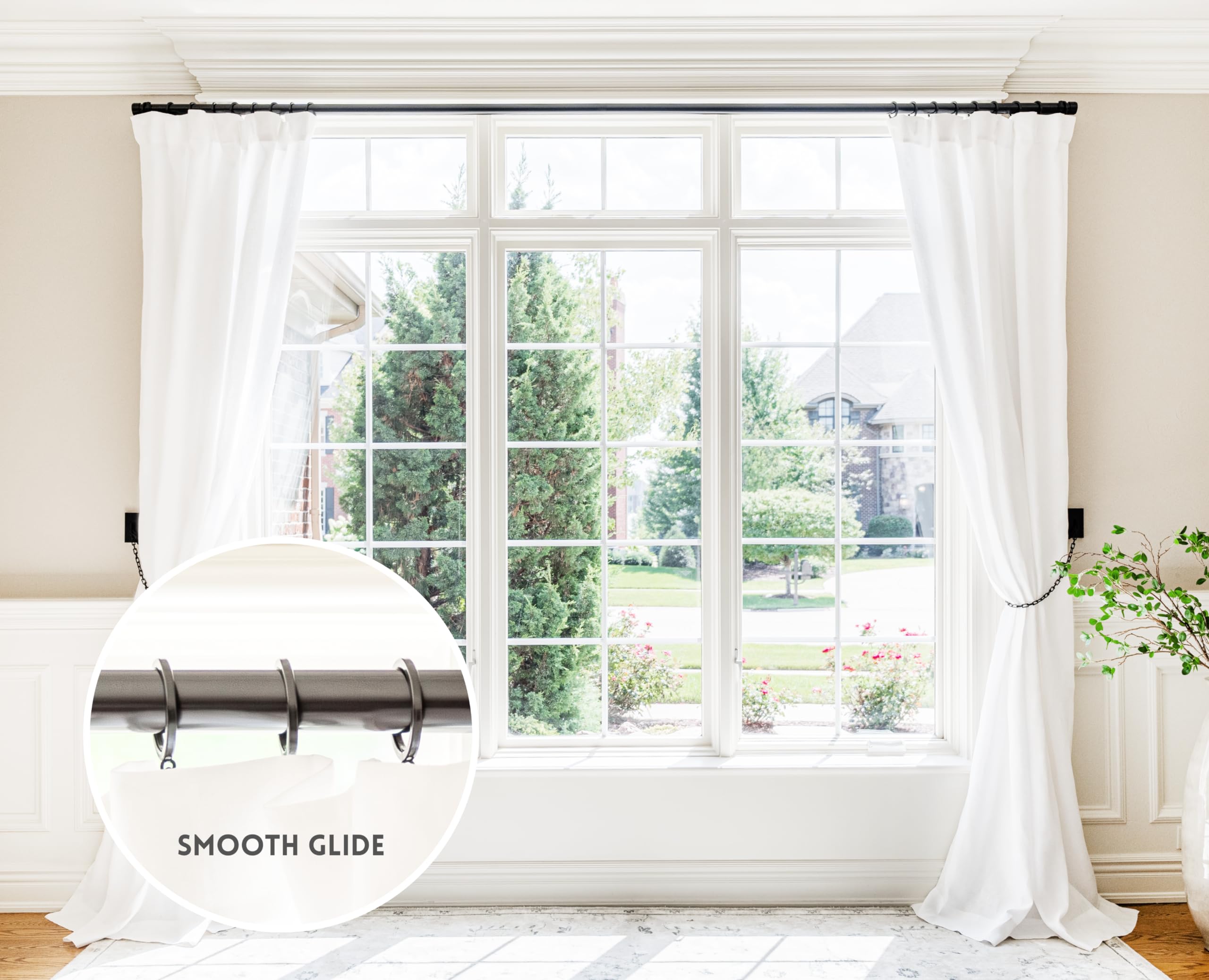 Luxury Curtain Rings – Premium Metal with Quiet, Smooth Nylon Inserts – Pinhooks and Clips Included – 1 1/2" Inside Diameter – 18 Rings for Two Standard Curtains – Tuxedo Black