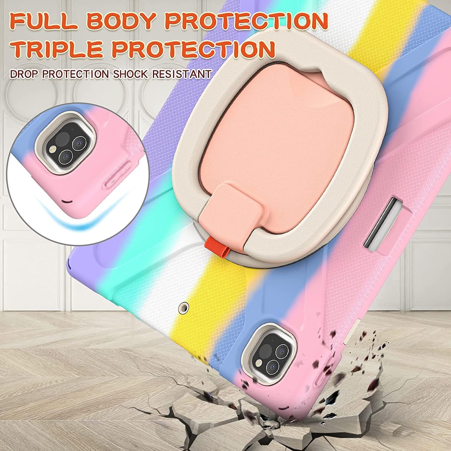 for iPad Air 13 2025(M3)/2024(M2) Case,Heavy Sturdy Shockproof Kids Case,Rotating Stand/Pencil Holder/Carrying Strap,Aslo for iPad Pro 12.9 inch (Colourful Pink)