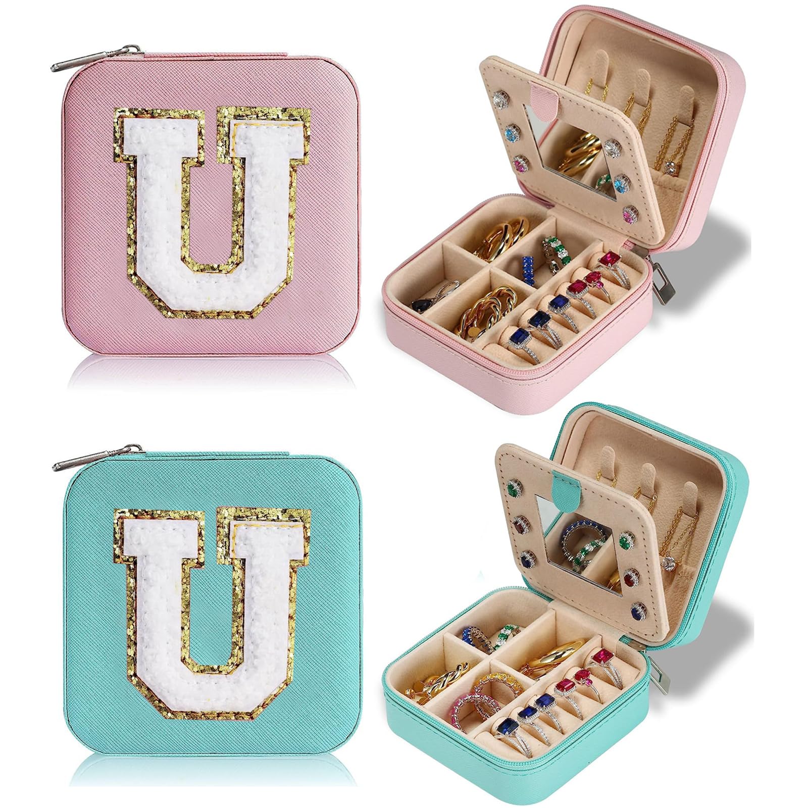 Qiveaory 2Pcs Travel Jewelry Case for Women Girls,Portable Jewelry Box with Letters 2-Layer Jewelry Storage Mini Jewelry Case Travel Must Have Birthday Gifts for Women (U)