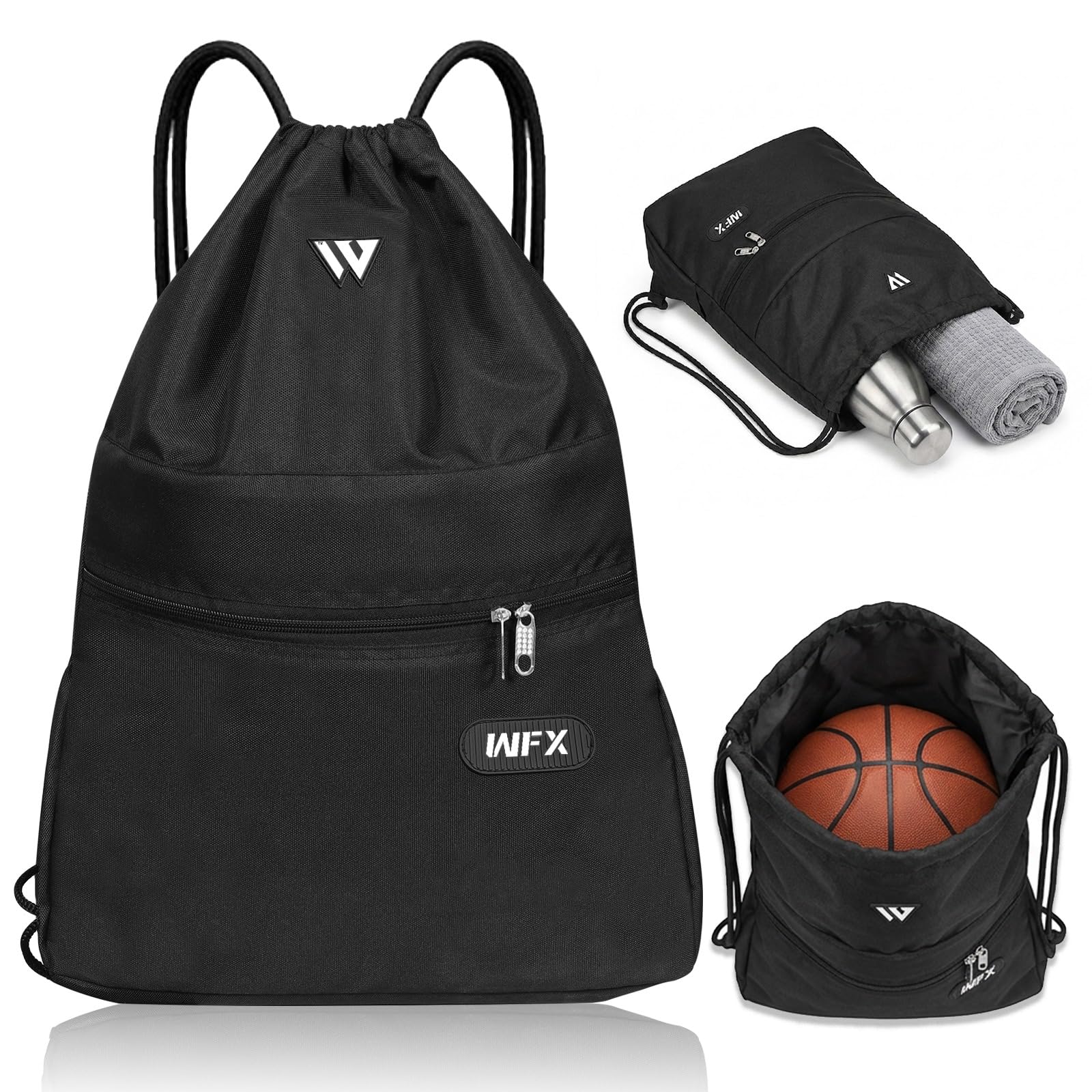 WFX Drawstring Gym Bag Water Repellent Drawstring Backpack with Zip Pocket, PE Bag for School, Swimming, Gym, Sports, Travel, Beach and Everyday Use