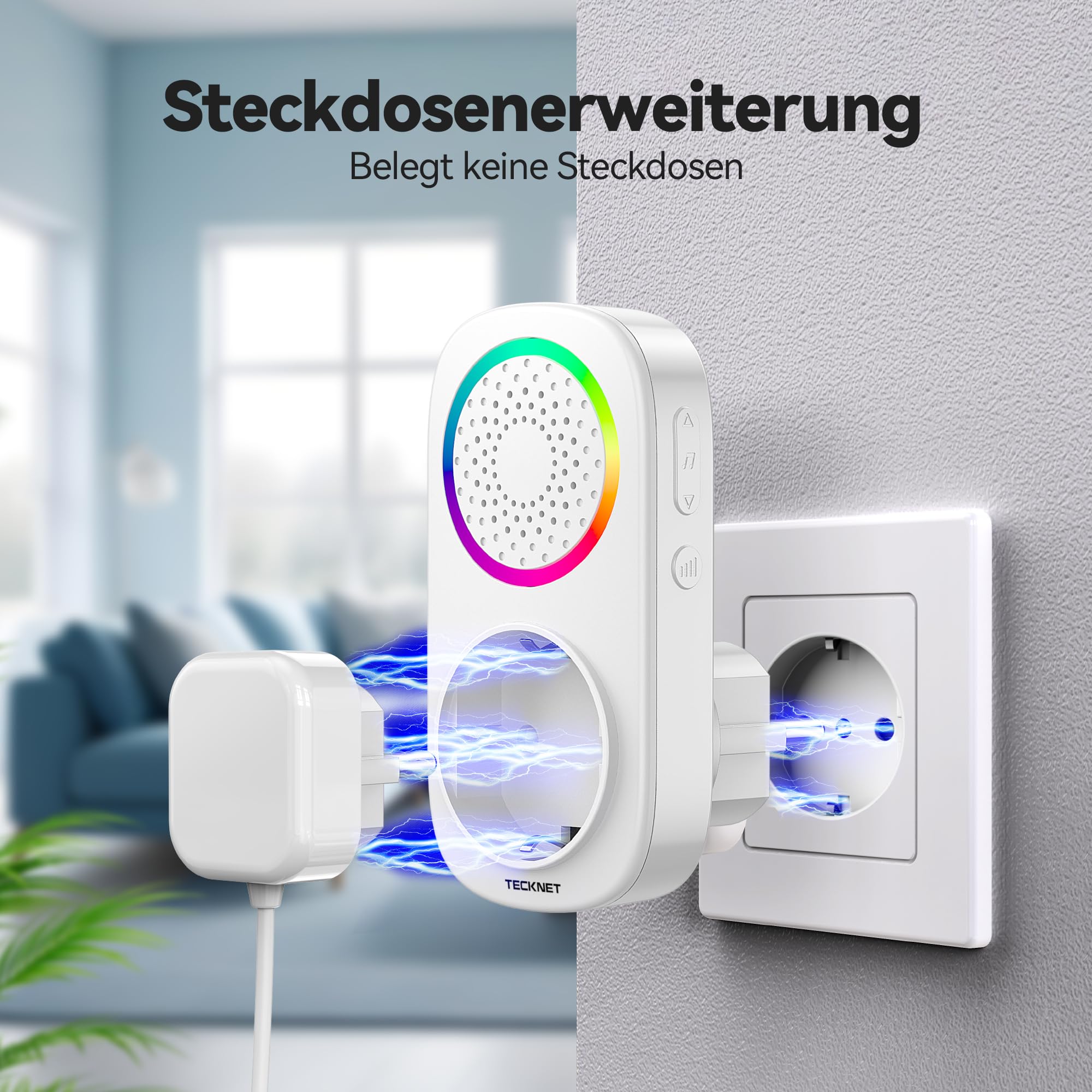 TECKNET Funkklingel Batterielose, IP65 Funkklingel aussen Wasserdicht, Haustürklingel mit Plug-In-Empfänger, Klingel Haustür Kit mit EU-Steckdose und RGB Licht, 5 Lautstärkestufen, 60 Melodien, 300m