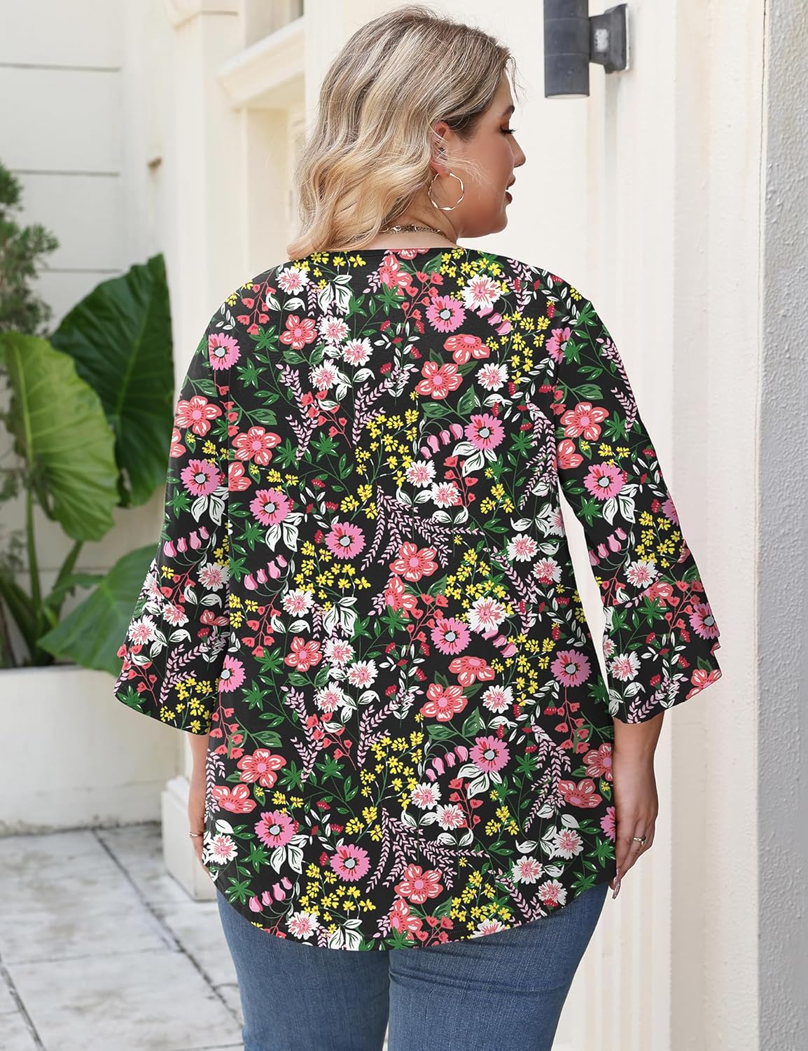 Rapbin Plus Size Tops for Women 3/4 Ruffle Sleeve Crew Neck Button Down Pleated Blouses Casual Fashion Tunic (1X-5X) - Image 2