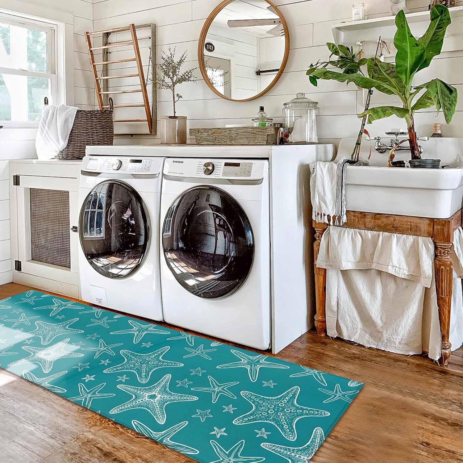 Kitchen Mats for Floor Summer Ocean Starfish Seamless Washable Non Slip Kitchen Rugs 2PCS, Coastal Marine Animal Theme Absorbent Standing Mats for Sink Office Living Room 15.7x23.6in+15.7x47.2in